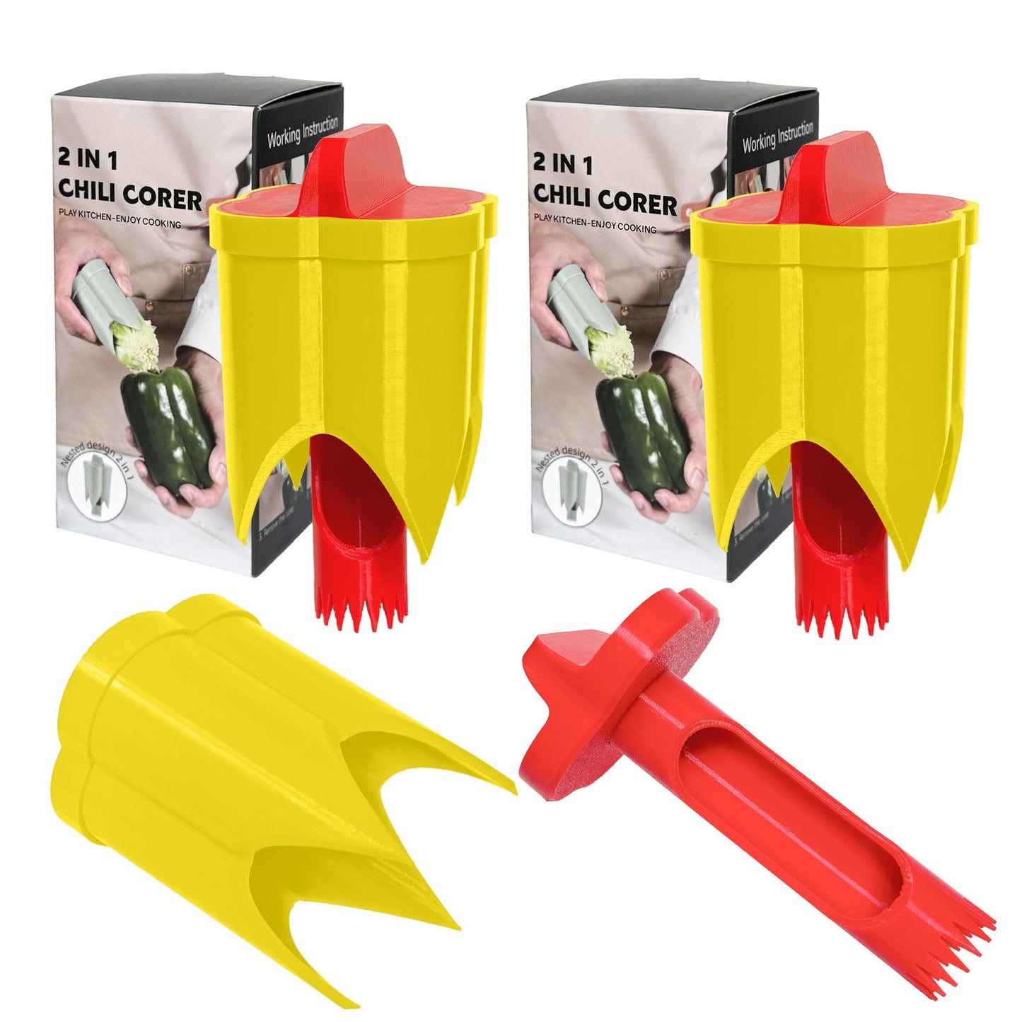 Pepper Corer, 2 in 1 Red Bell Pepper Seed Corer Remover Tool, Fruit & Vegetable Corers Quick Cave Tools for Jalapeno Cutter Deseeder, Blue Yellow, 3 PCS