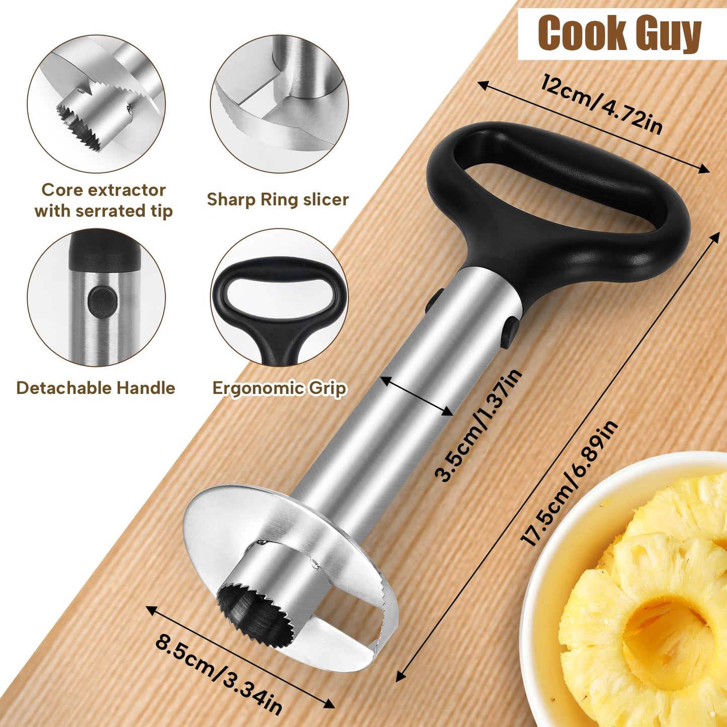 Cook Guy Hollow Handle Pineapple Corer and Slicer Set - Features Reinforced Stainless Steel Pineapple Cutter and Fruit Knife - Effortless Core Removal and Slicing Tool