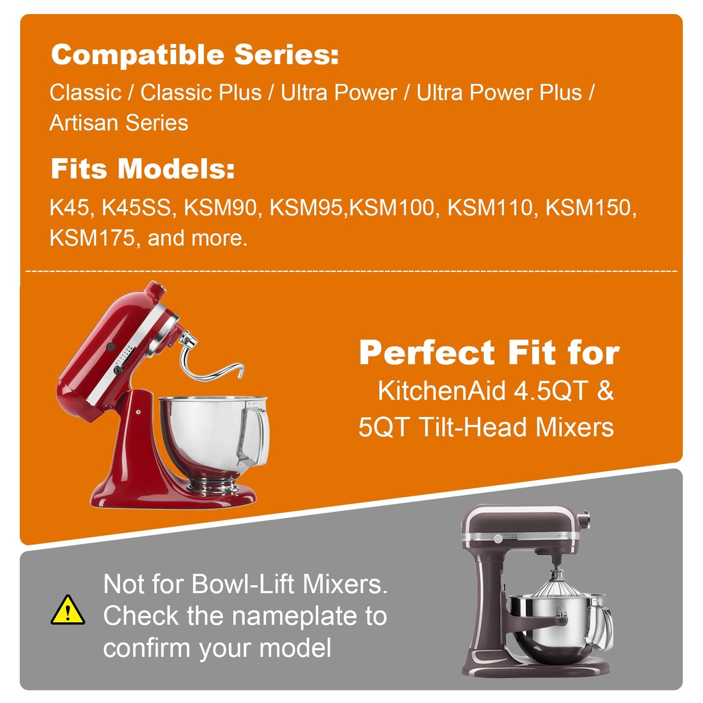 Stainless Steel Spiral Dough Hook for Kitchen Aid 4.5QT / 5QT Tilt-Head Mixers, Dishwasher Safe, Dough Hook Attachment - Efficient Kneading for Bread, Pizza, Pasta, Cookies