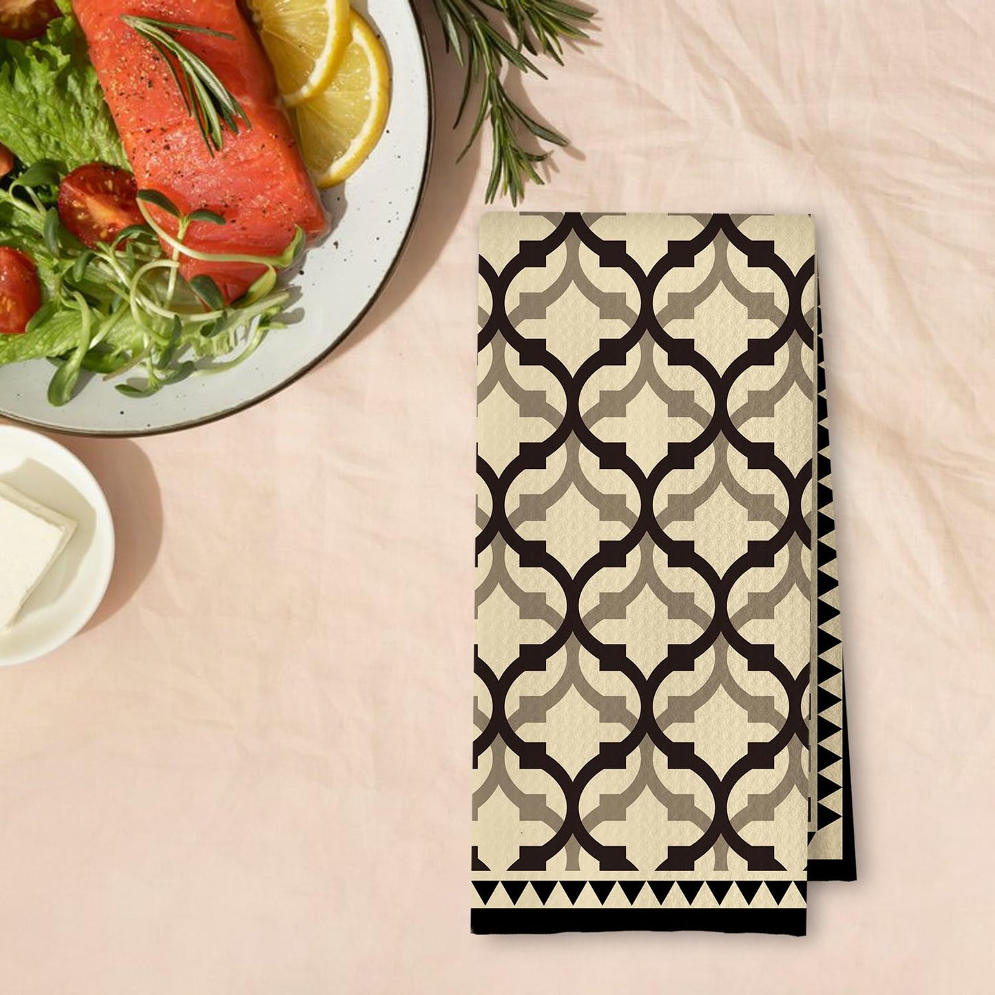 Beige and Black Moroccan Kitchen Towels, Boho Abstract Dish Tea Towels for Kitchen Decor, Retro Mid Century Modern Hand Towel for Bathroom Decor, 16x24 Inches