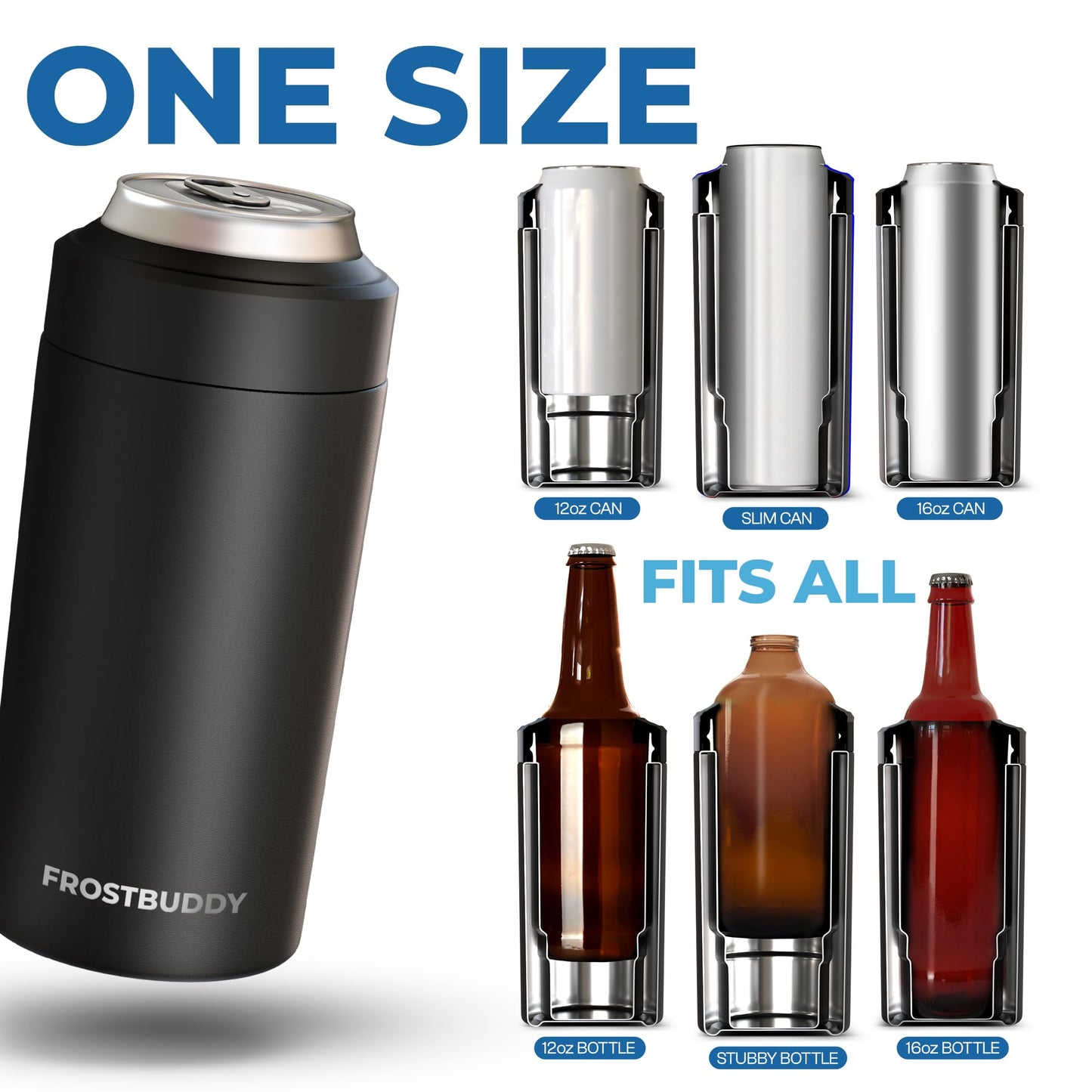 Frost Buddy Universal Buddy Can Cooler - Fits All - For Regular 12 & 16 oz or Slim-Size Bottles - Insulated Double -Walled Stainless Steel (All white)