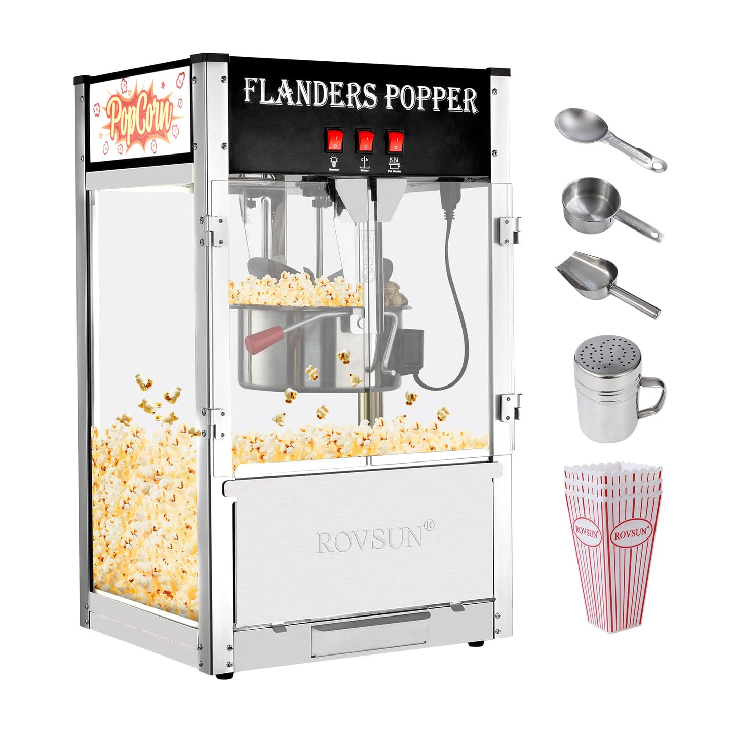 ROVSUN Popcorn Machine with 8 Ounce Kettle Makes Up to 32 Cups, Commercial Popcorn Machine Countertop Popcorn Maker w/Stainless Steel Scoop, Oil Spoon & 3 Popcorn Cups for Home Movie Theater, ETL