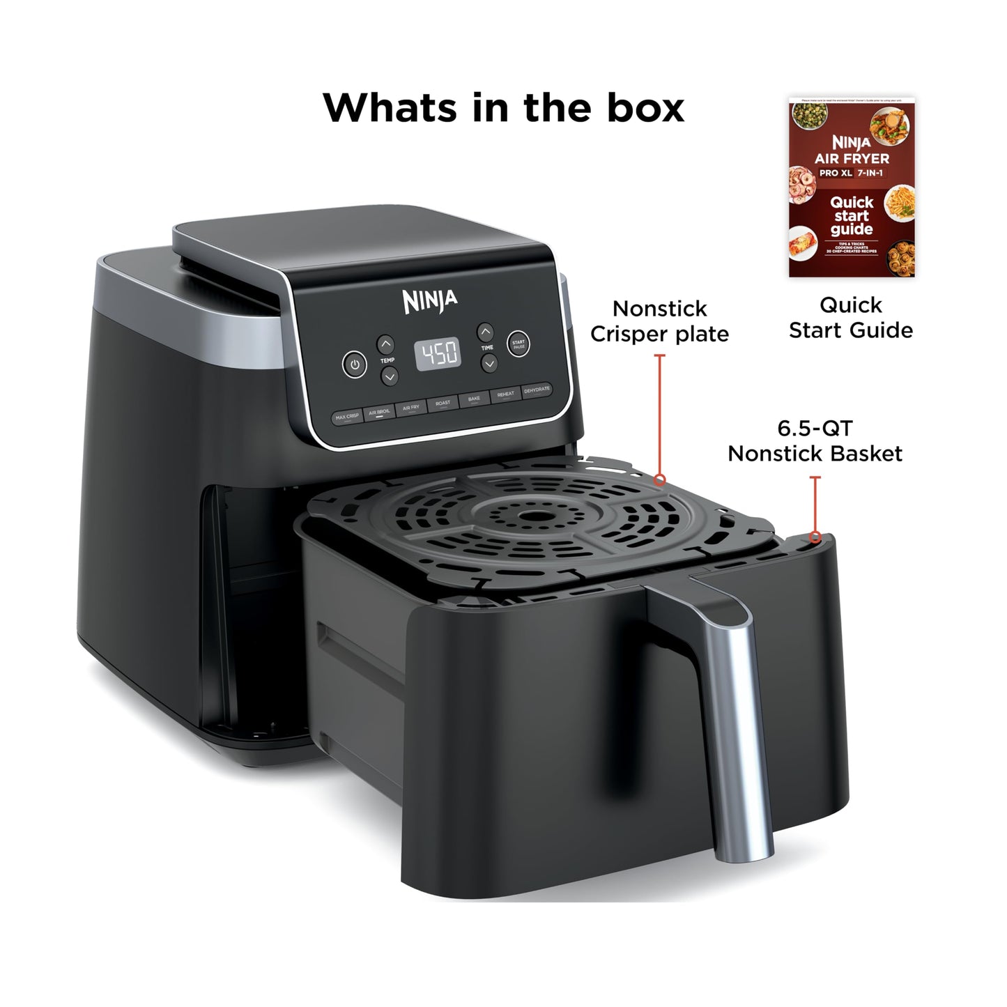 Ninja | Air Fryer | 6.5 QT Pro XL Capacity fits 9lbs of Wings | 6-in-1 Max Crisp, Air Fry, Roast, Bake, Reheat & Dehydrate | Nonstick Basket, Crisper Plate & Recipe Guide | Grey | AF181