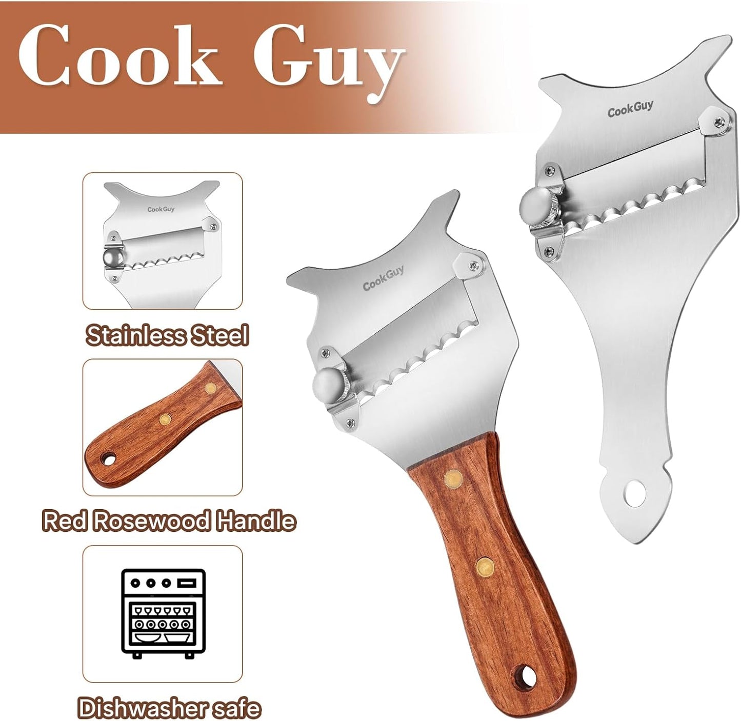 Cook Guy Premium Stainless Steel Truffle and Cheese Slicer with Adjustable Blade and Elegant Rosewood Handle, Versatile Chocolate Shaver and Wavy Blade Dessert Knife for Essential Kitchen Use