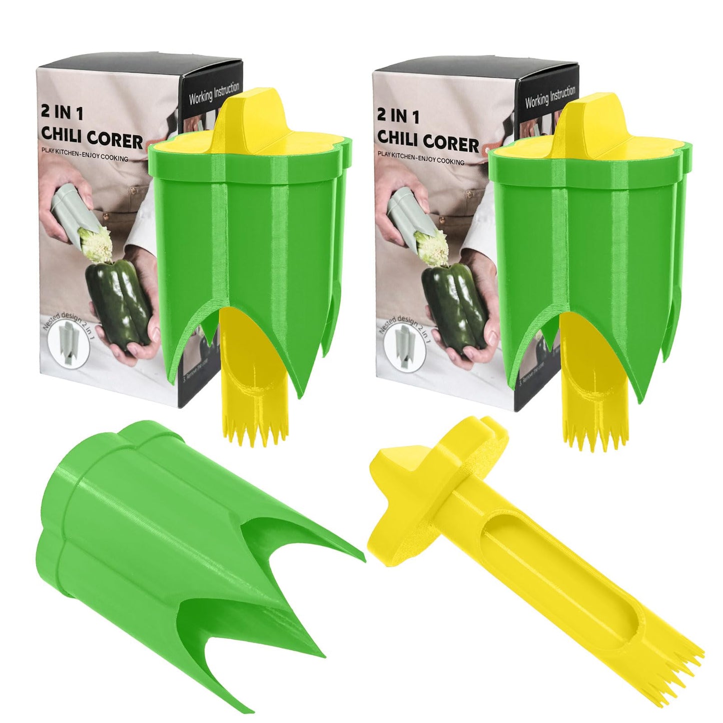 Pepper Corer, 2 in 1 Red Bell Pepper Seed Corer Remover Tool, Fruit & Vegetable Corers Quick Cave Tools for Jalapeno Cutter Deseeder, Blue Yellow, 3 PCS