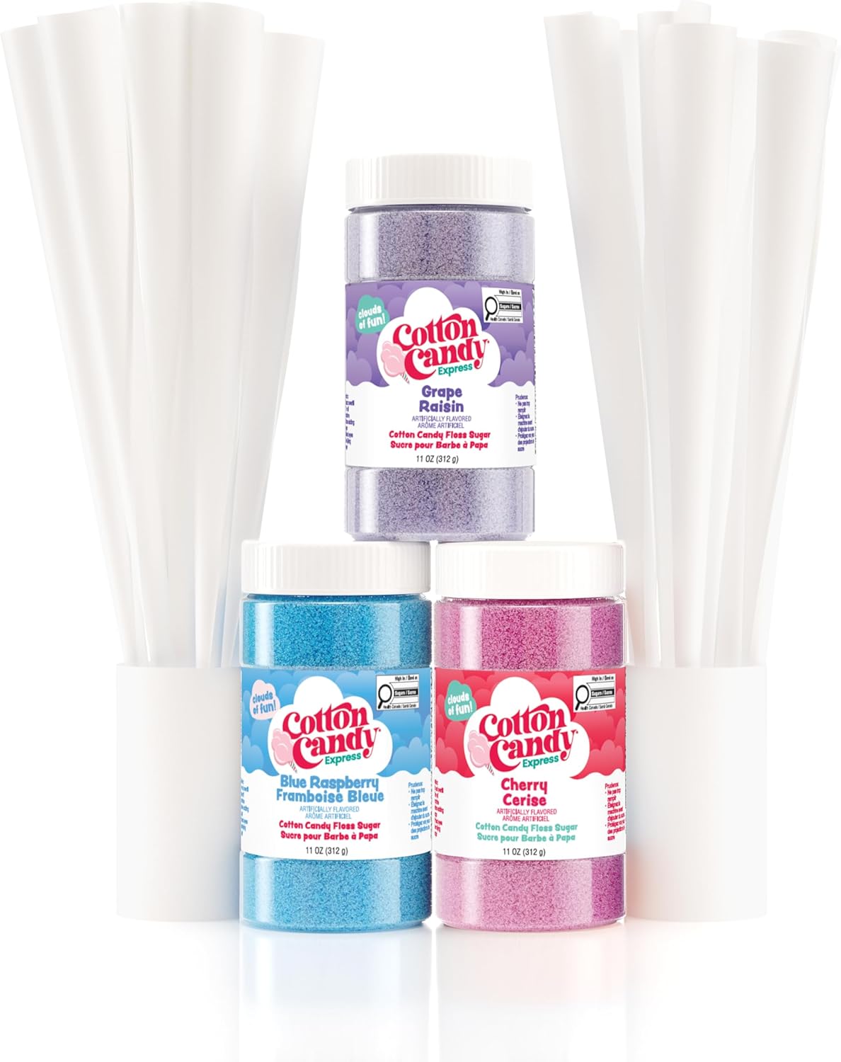 Cotton Candy Express Floss Sugar Variety Pack with 3 - 11oz Plastic Jars of Cherry, Blue Raspberry & Grape Flossing Sugars Plus 50 Paper Cotton Candy Cones