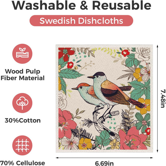 10PCS Swedish Dishcloths for Kitchen, Reusable Dish Rags for Washing Dishes with Clips, Non-Scratch Kitchen Towels and Dishcloths Sets, Washable Swedish Dish Cloths, No Odor(Birds Flowers)