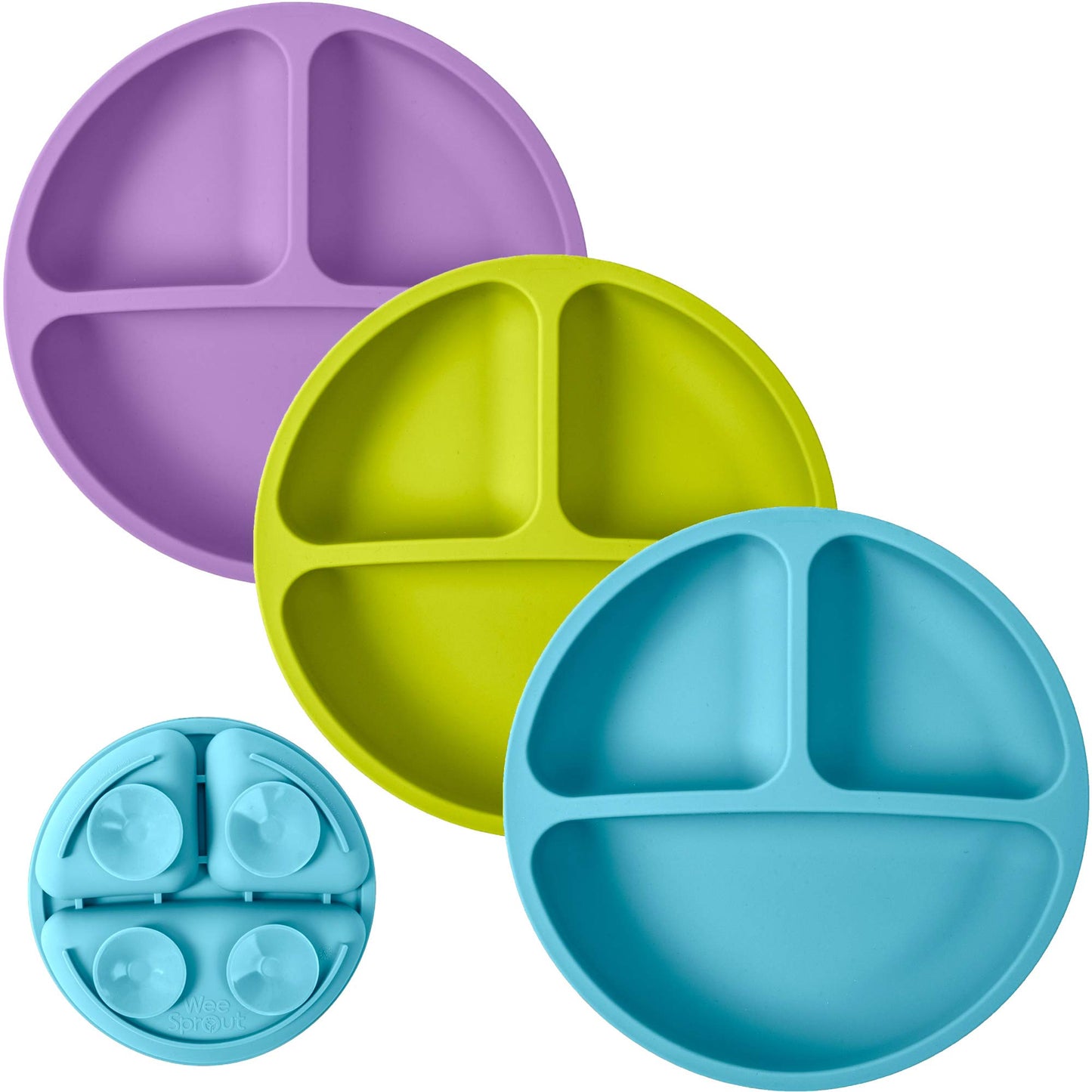 WeeSprout Suction Plates with Lids for Babies & Toddlers - 100% Silicone, Dinnerware Stays Put, Divided Design for Picky Eaters, Microwave & Dishwasher Friendly, 3 Pack