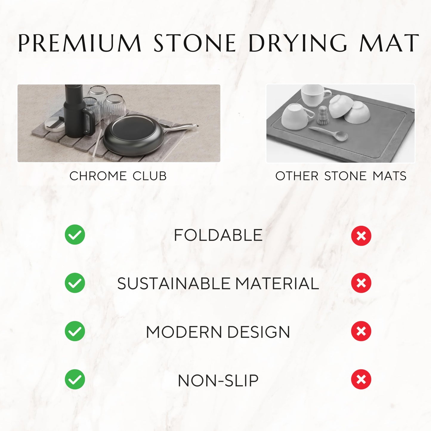 Stone Drying Mat for Kitchen Counter - Collapsible Diatomaceous Earth Dish Drying Stone - Fast Absorbent Stone Dish Drying Mat for Dishes and Pots (White Marble)