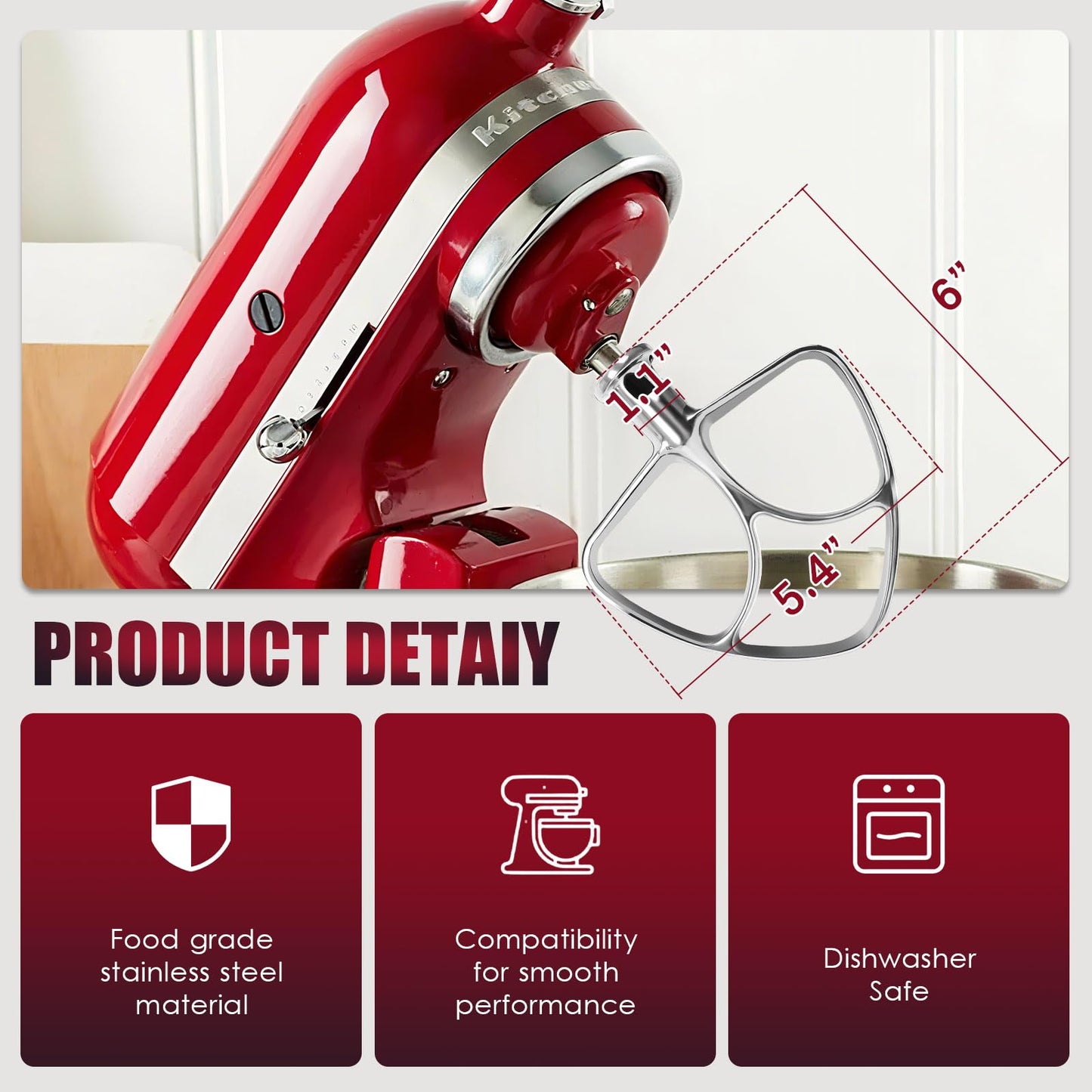 Stainless Steel Flat Beater for Kitchen Aid 4.5-5 Qt Tilt Head Mixers, Compatible Kitchenaid Paddle Attachment for Stir all of Mixtures|Durable and Heavy Duty Replacement