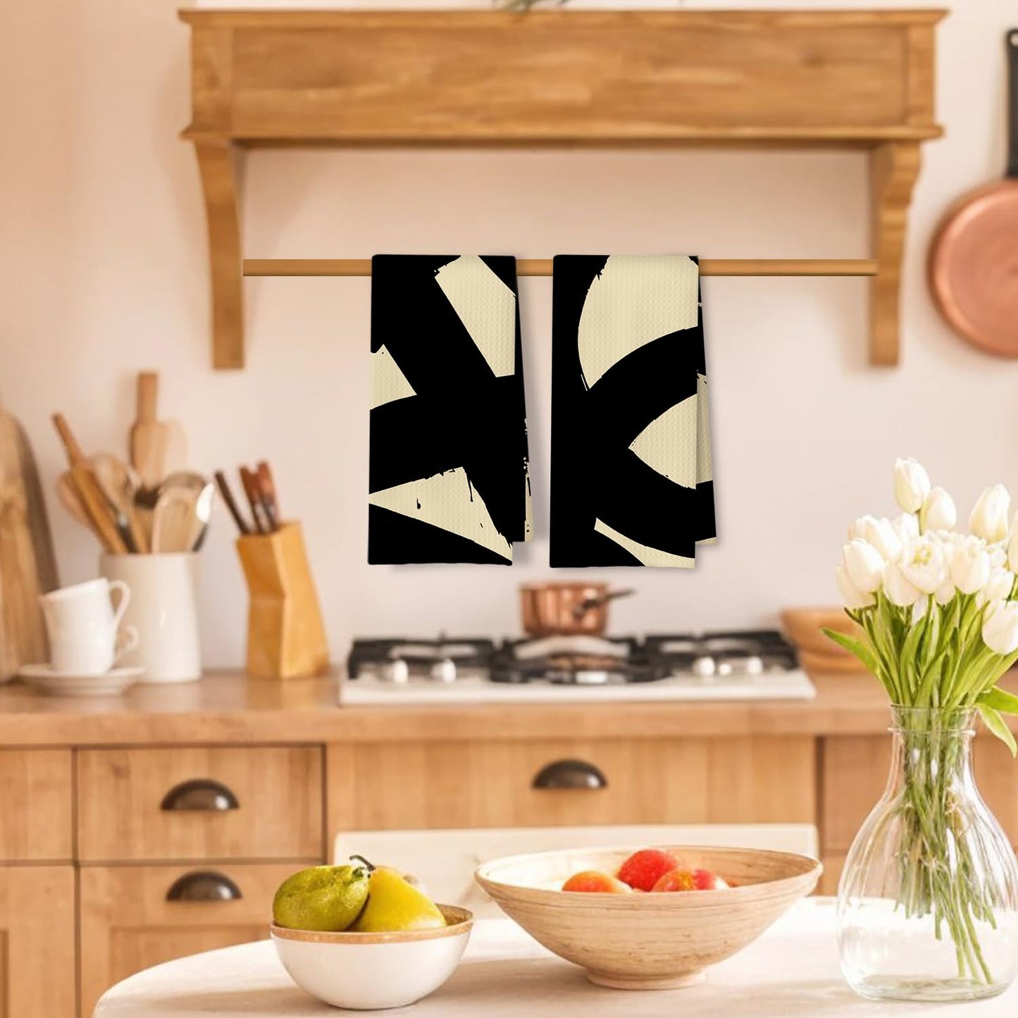 Beige and Black Moroccan Kitchen Towels, Boho Abstract Dish Tea Towels for Kitchen Decor, Retro Mid Century Modern Hand Towel for Bathroom Decor, 16x24 Inches