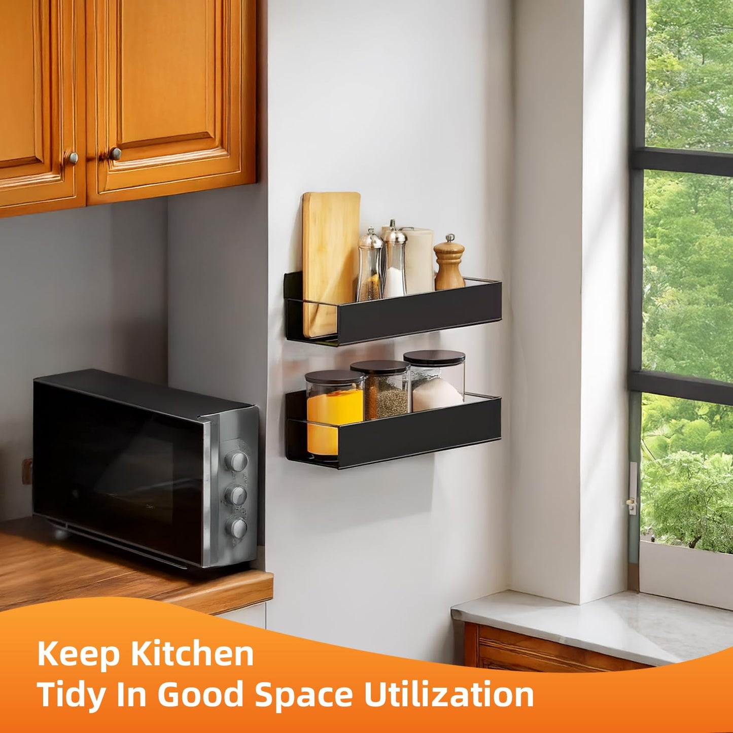 Kitchen Spice Rack for Wall: 2 Packs Black Adhesive Spice Racks Wall Mount - 11.8" Large Hanging Storage Organizer Cabinet Without Drilling for Work Room Bathroom Shelves