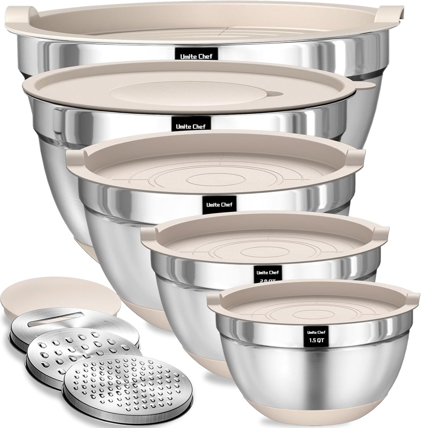 Umite Chef Mixing Bowls with Airtight Lids Set, 8PCS Stainless Steel Khaki Nesting Bowls with Grater Attachments, Kitchen Bowls with Non-Slip Bottoms, Size 5, 4, 3.5, 2, 1.5QT for Mixing & Serving