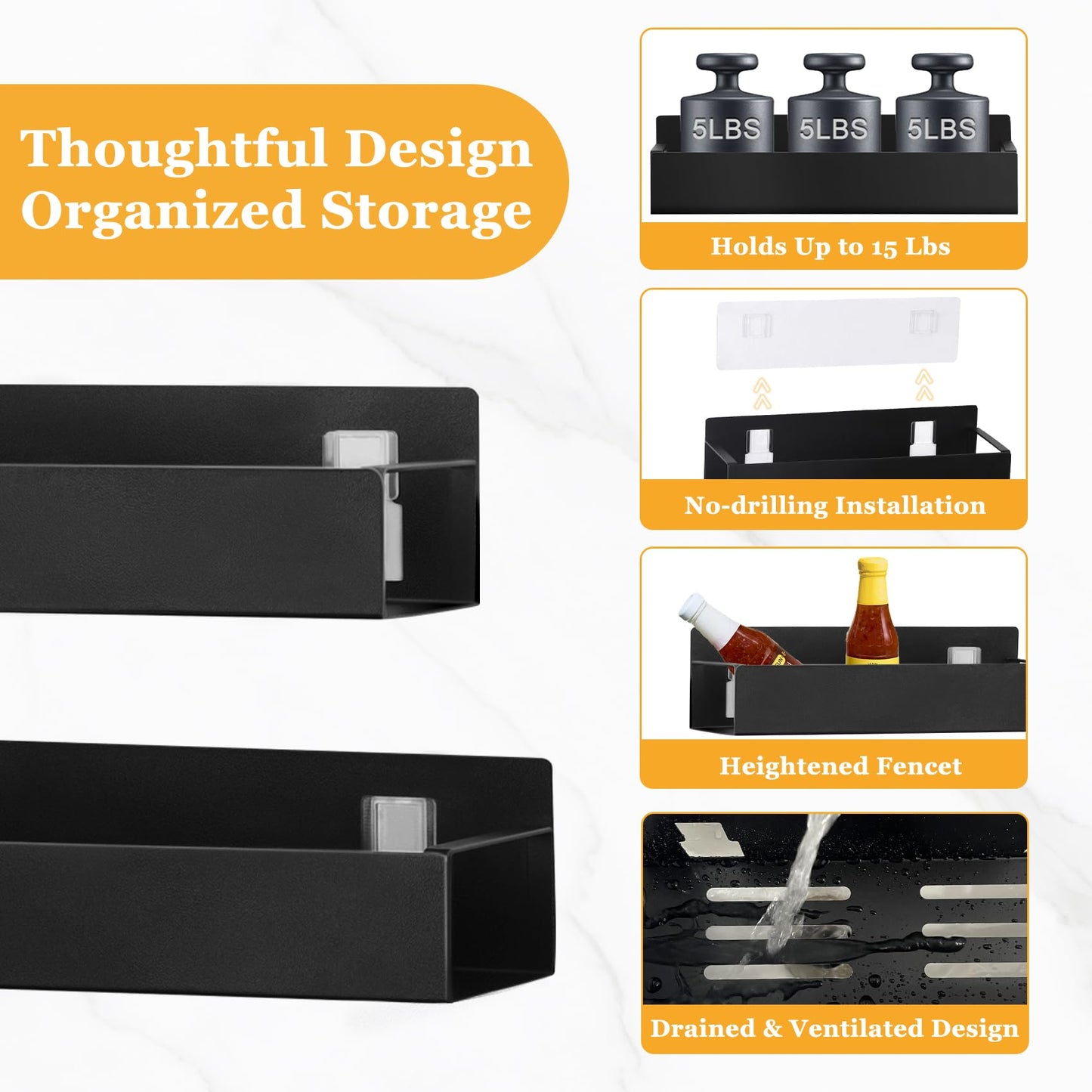 Kitchen Spice Rack for Wall: 2 Packs Black Adhesive Spice Racks Wall Mount - 11.8" Large Hanging Storage Organizer Cabinet Without Drilling for Work Room Bathroom Shelves