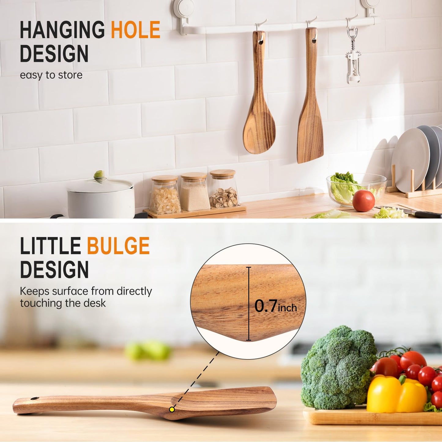 9 Piece Natural Teak Wooden Kitchen Utensil Set with Spoon Rest - Comfort Grip Cooking Spoons and Utensils Holder