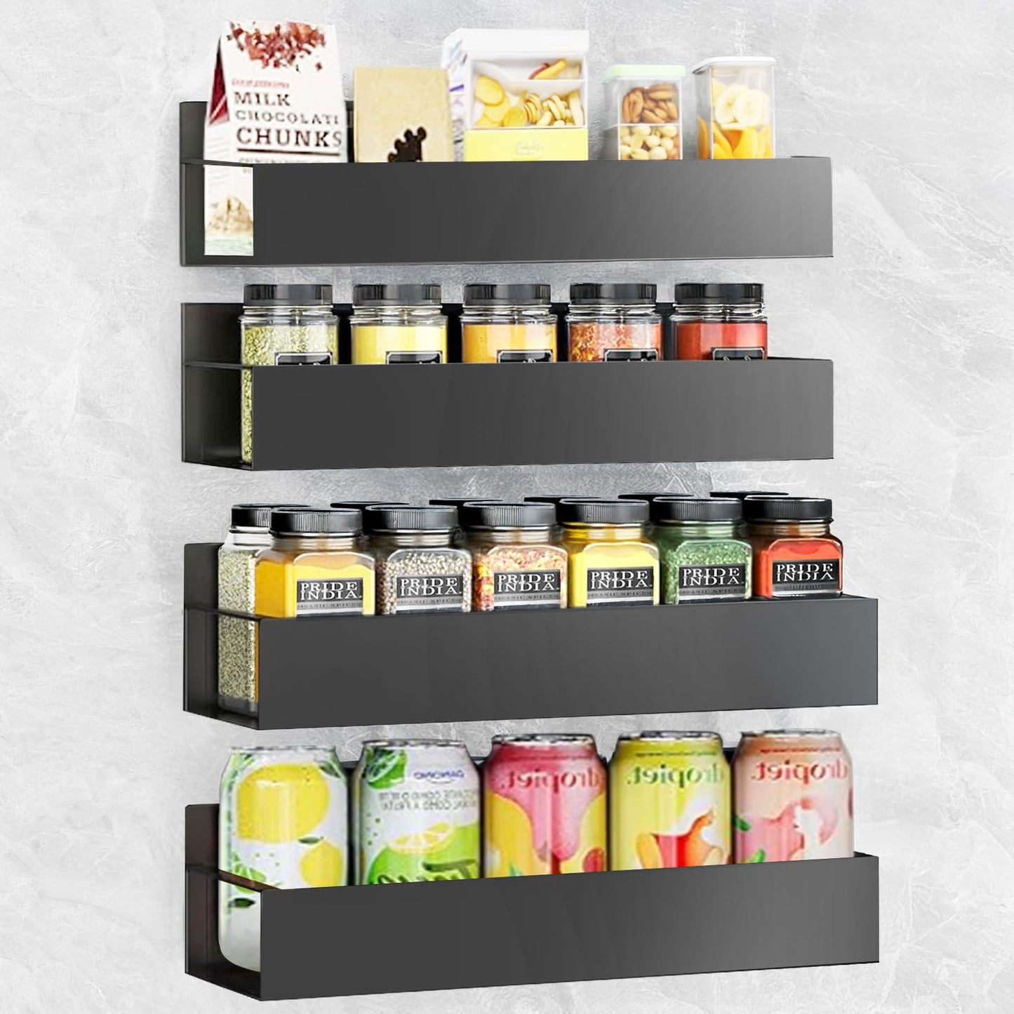 Kitchen Spice Rack for Wall: 2 Packs Black Adhesive Spice Racks Wall Mount - 11.8" Large Hanging Storage Organizer Cabinet Without Drilling for Work Room Bathroom Shelves