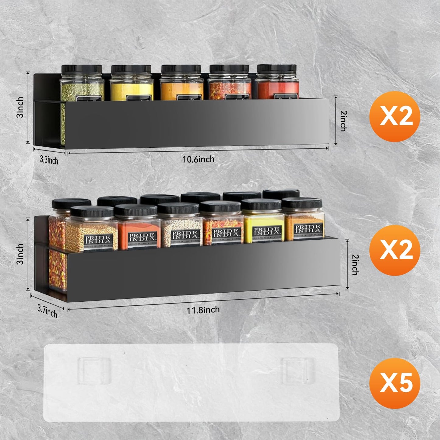 Kitchen Spice Rack for Wall: 2 Packs Black Adhesive Spice Racks Wall Mount - 11.8" Large Hanging Storage Organizer Cabinet Without Drilling for Work Room Bathroom Shelves