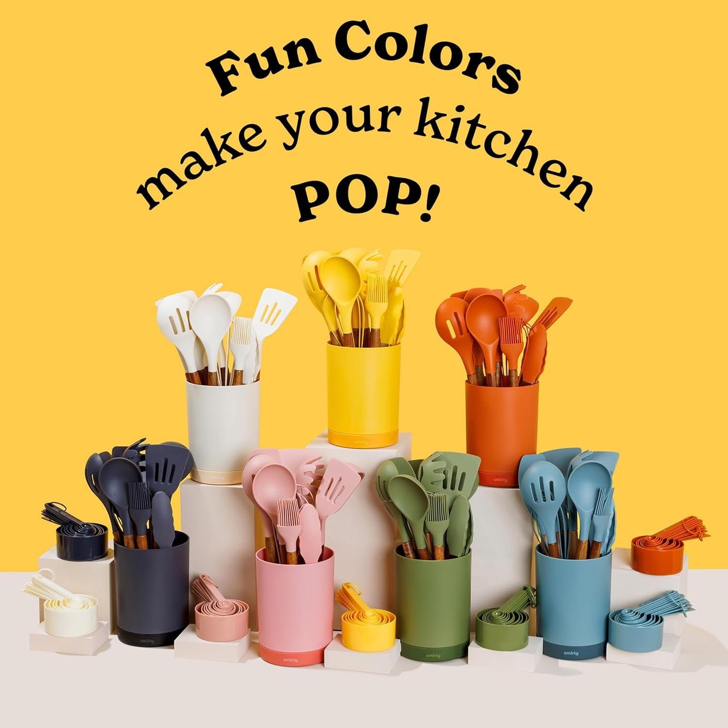 Silicone Kitchen Utensils Set & Holder: Cooking Utensils Set - Kitchen Essentials for New Home & 1st Apartment- Silicone Spatula Set, Cooking Spoons for Nonstick Cookware (Acacia Wood, Cream White)