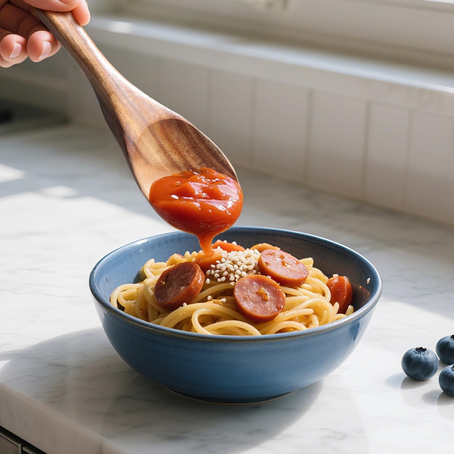 9 Piece Natural Teak Wooden Kitchen Utensil Set with Spoon Rest - Comfort Grip Cooking Spoons and Utensils Holder
