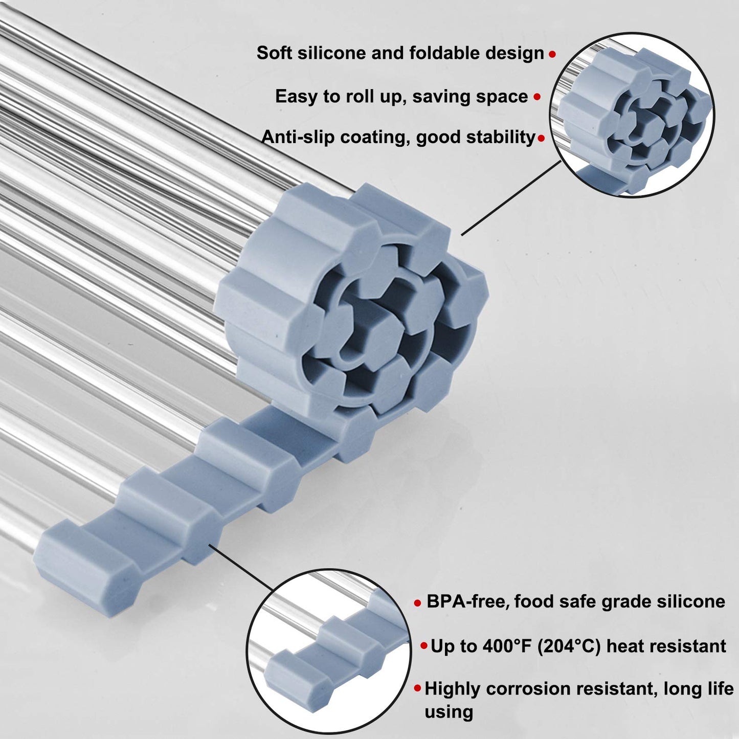 MECHEER Over The Sink Dish Drying Rack, Roll Up Dish Drying Rack Kitchen Dish Rack Stainless Steel Sink Drying Rack, Foldable Dish Drainer, Gray