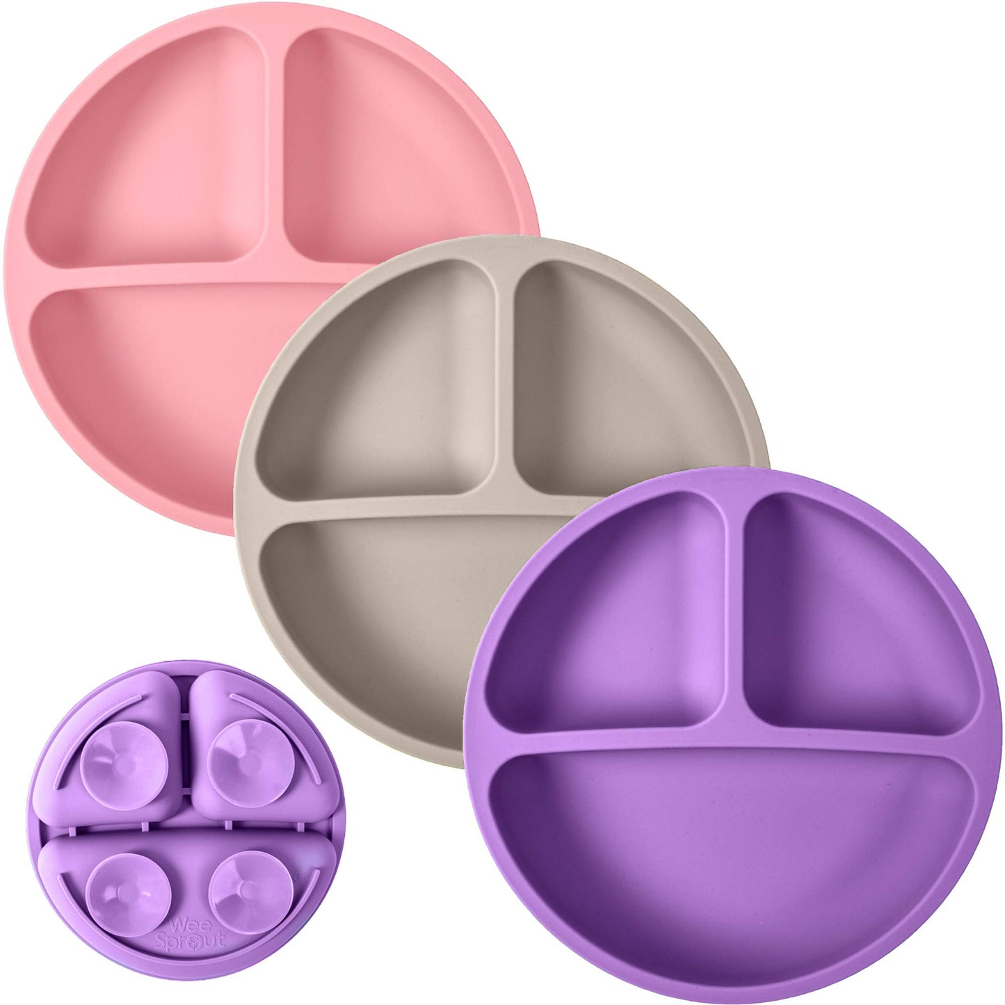 WeeSprout Suction Plates with Lids for Babies & Toddlers - 100% Silicone, Dinnerware Stays Put, Divided Design for Picky Eaters, Microwave & Dishwasher Friendly, 3 Pack