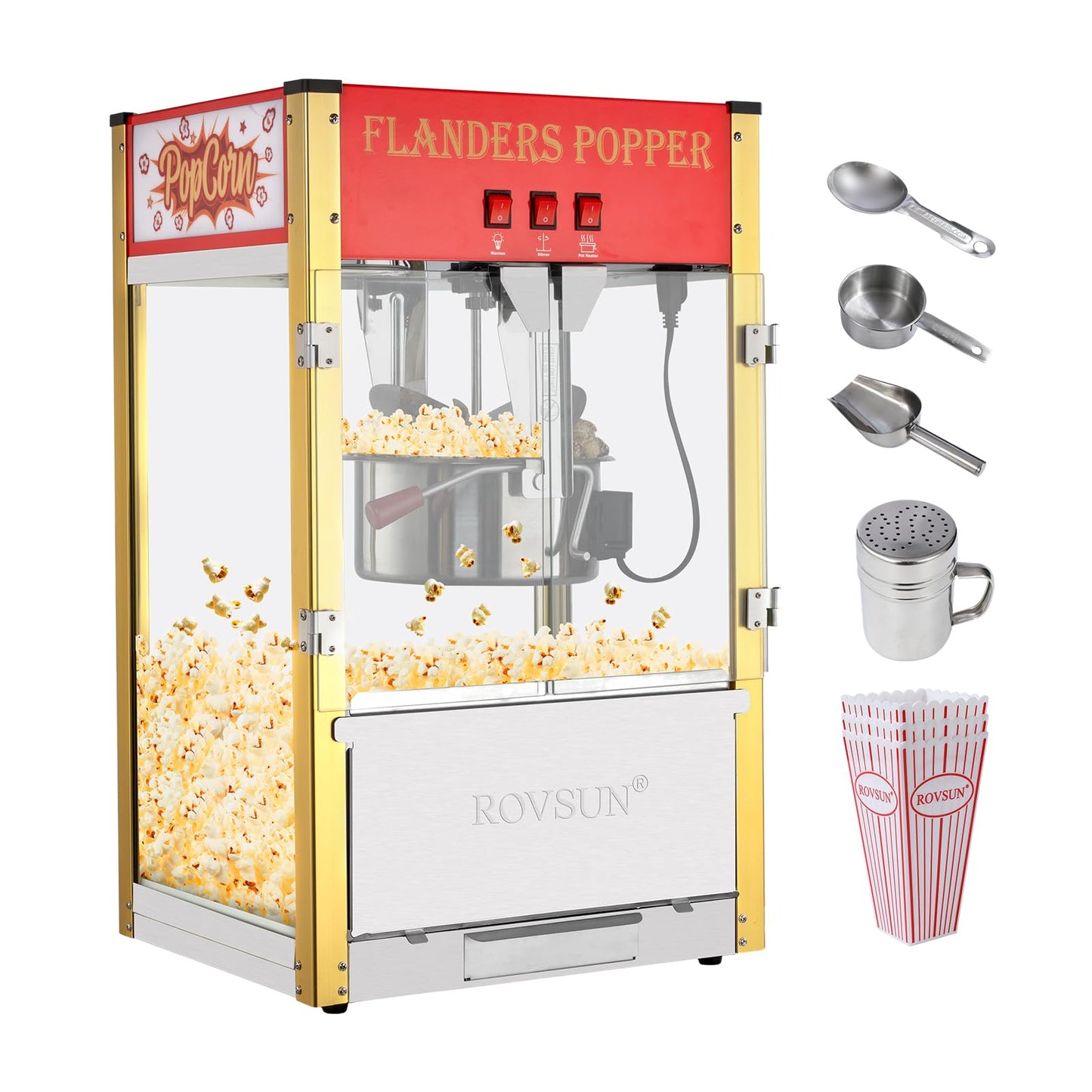 ROVSUN Popcorn Machine with 8 Ounce Kettle Makes Up to 32 Cups, Commercial Popcorn Machine Countertop Popcorn Maker w/Stainless Steel Scoop, Oil Spoon & 3 Popcorn Cups for Home Movie Theater, ETL