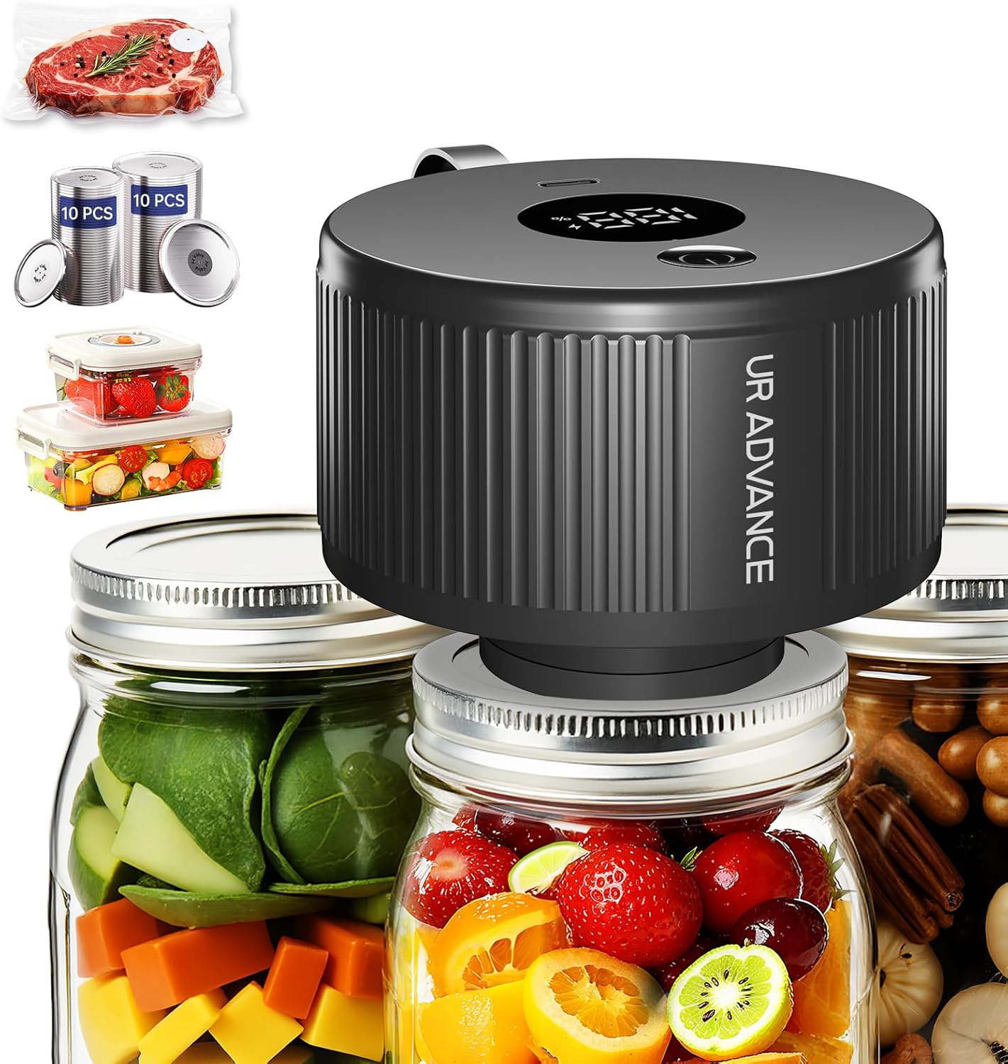 Upgraded 3-in-1 Electric Mason Jar Vacuum Sealer Kit for Jars, Bags, Food Savers & Containers | Auto-Stop Jar Sealer with 4-Hours Battery Life & One-Handed Operation for Dry Foods, Jams & Leftovers