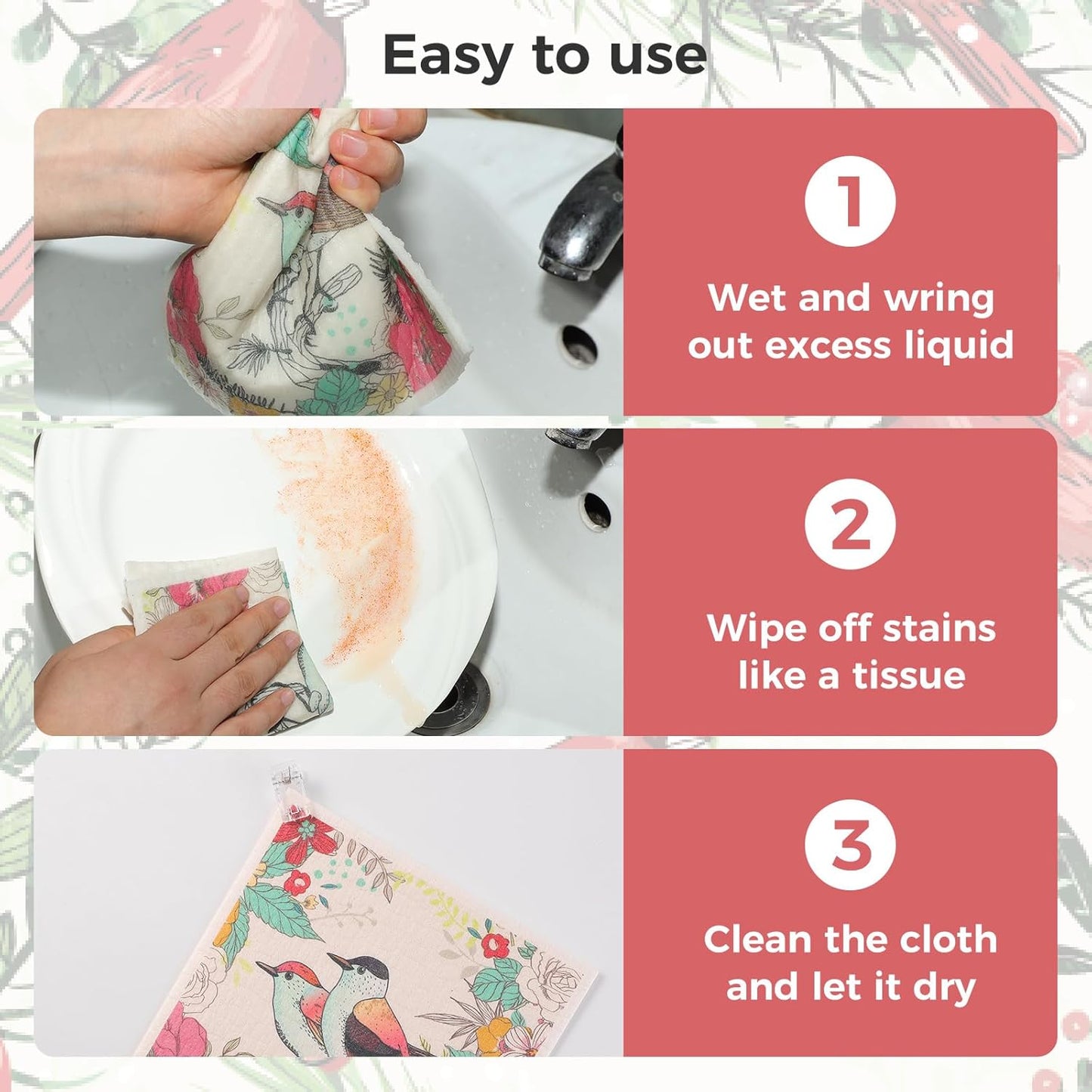 10PCS Swedish Dishcloths for Kitchen, Reusable Dish Rags for Washing Dishes with Clips, Non-Scratch Kitchen Towels and Dishcloths Sets, Washable Swedish Dish Cloths, No Odor(Birds Flowers)