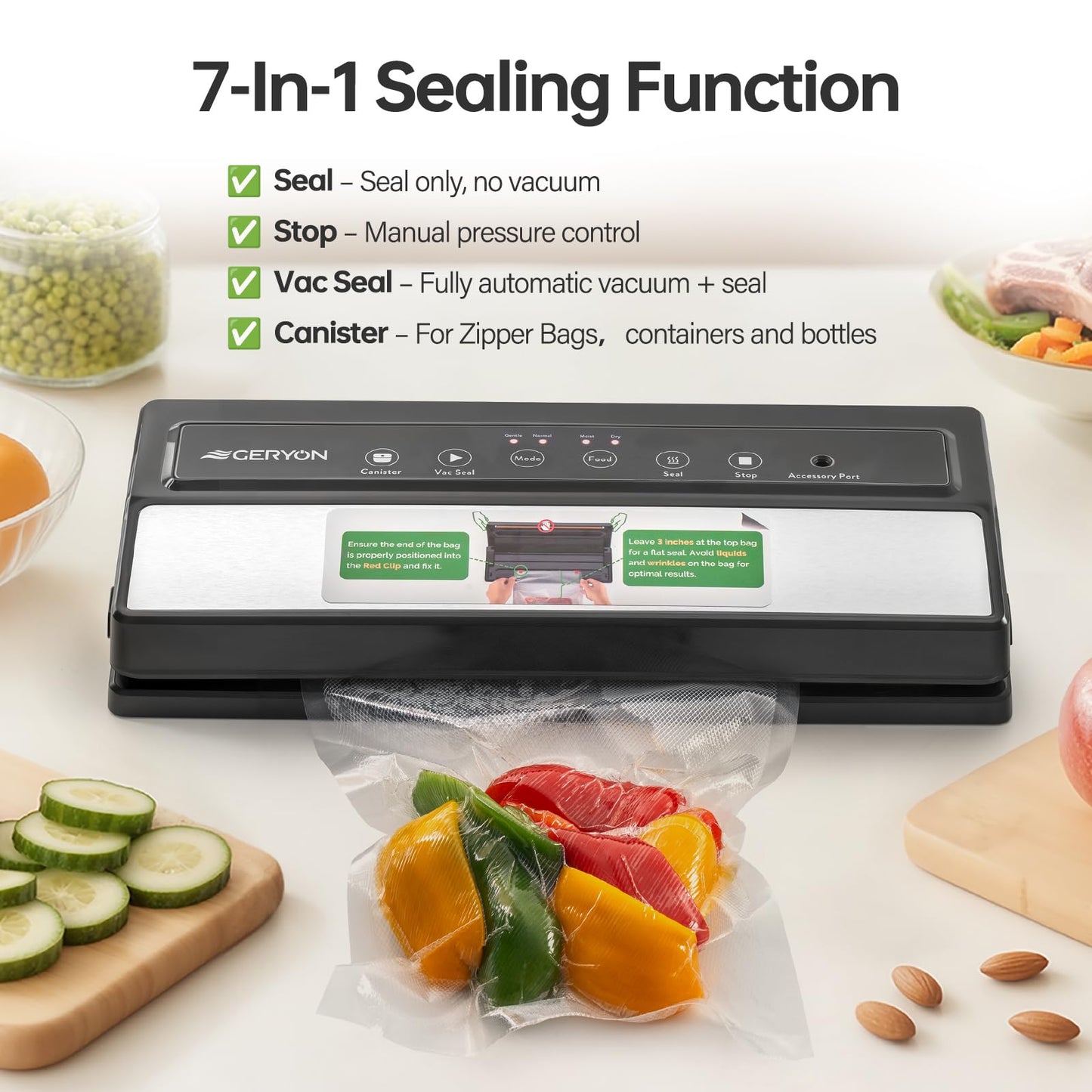 GERYON Vacuum Sealer Machine – Automatic Food Vacuum Sealer for Dry & Moist Food, Compact with LED Touch Panel, Includes Zipper Bags & Roll, Perfect for Sous Vide & Freezer Storage (Silver)