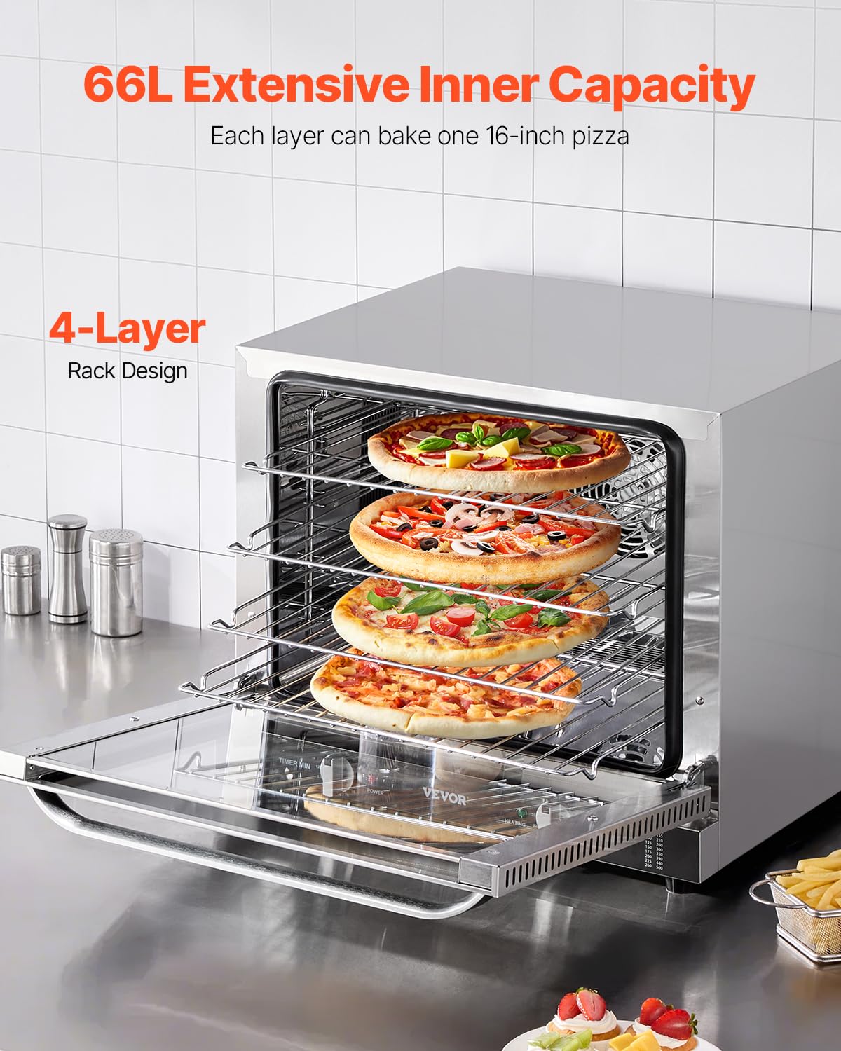 VEVOR Commercial Convection Oven, 21L/19Qt, Quarter-Size Conventional Oven Countertop, 1440W 3-Tier Toaster w/Front Glass Door, Electric Baking Oven w/Trays Wire Racks Clip Gloves, 120V