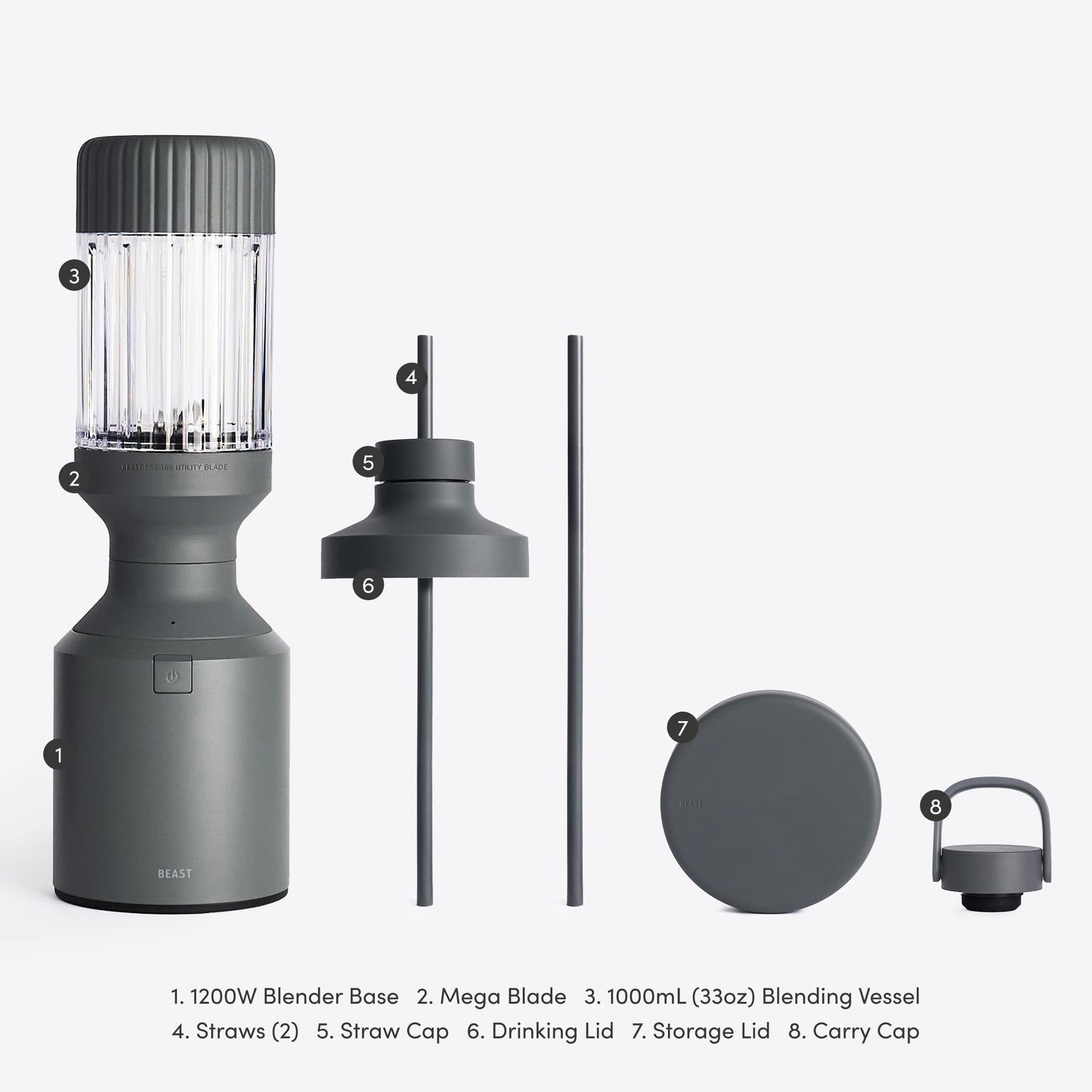 Beast Mega 1200 Plus | Premium Countertop Blender | Smoothies, Shakes, Sauces, Dips, Soups | Blends Ice and Frozen Fruit | XL Vessel | With Extra Vessels, Straw System | (Charcoal, 120V)