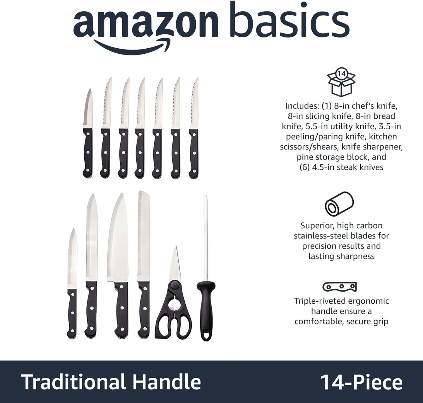 Amazon Basics 14-Piece High Carbon Stainless Steel Kitchen Knife Set with Sharpener and Pinewood Block, Black