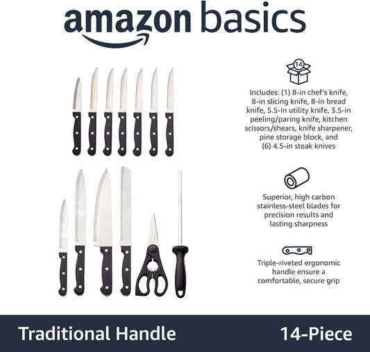 Amazon Basics 14-Piece High Carbon Stainless Steel Kitchen Knife Set with Sharpener and Pinewood Block, Black