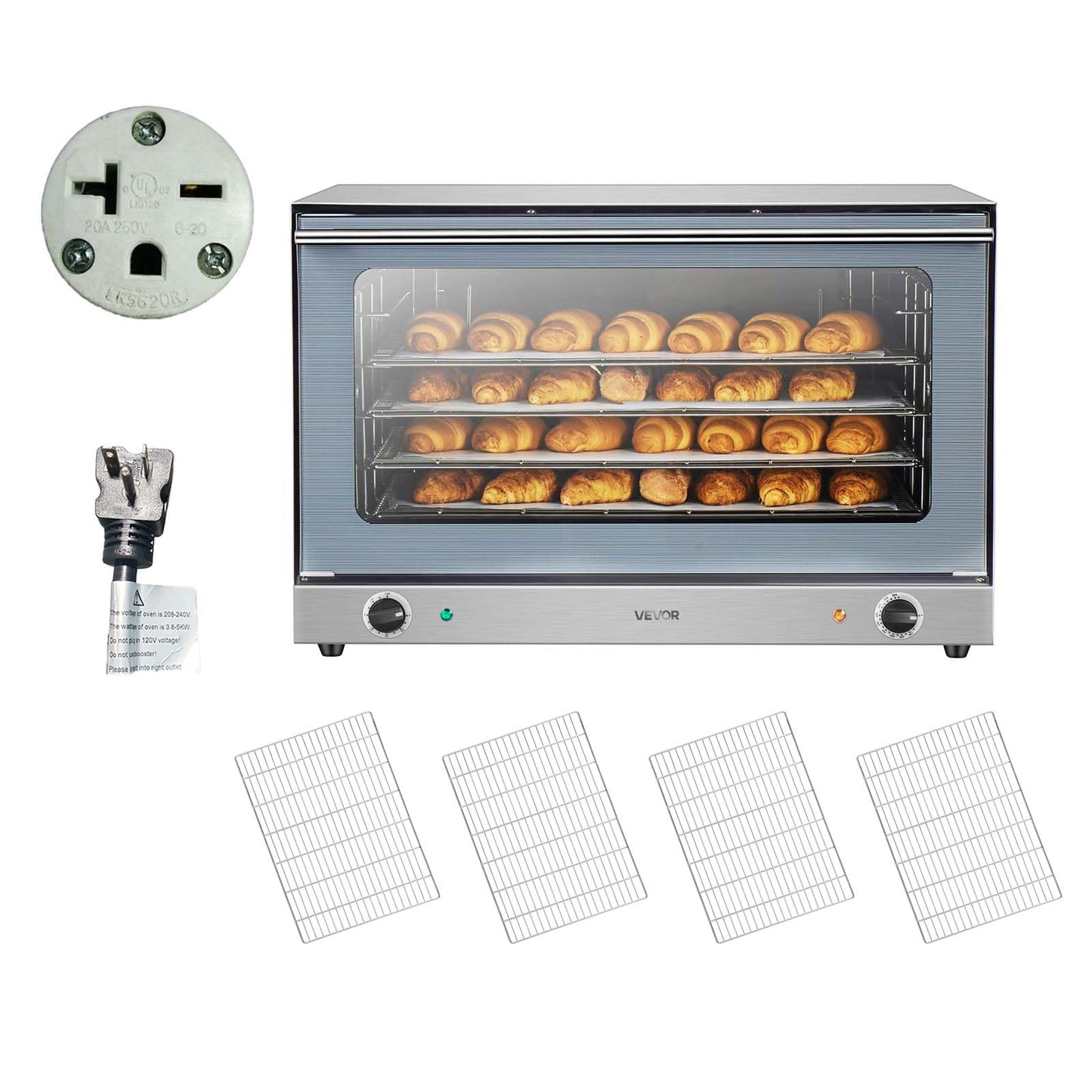 VEVOR Commercial Convection Oven, 21L/19Qt, Quarter-Size Conventional Oven Countertop, 1440W 3-Tier Toaster w/Front Glass Door, Electric Baking Oven w/Trays Wire Racks Clip Gloves, 120V
