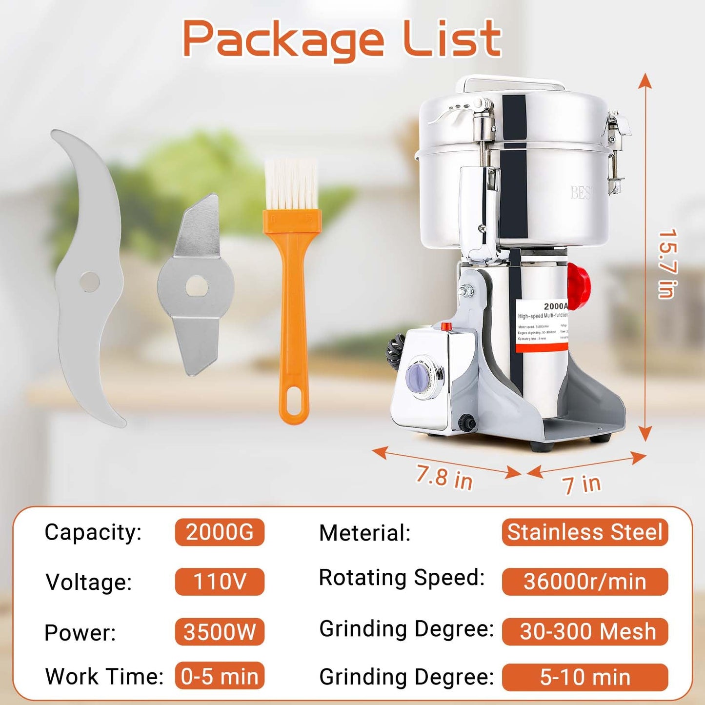 Electric Grain Mill Grinder 800g Stainless Steel Pulverizer 36000r/min High-speed Grain Mill 1800W Dry Material Grinding Machine 270° swingable Superfine powder for Home and Commercial