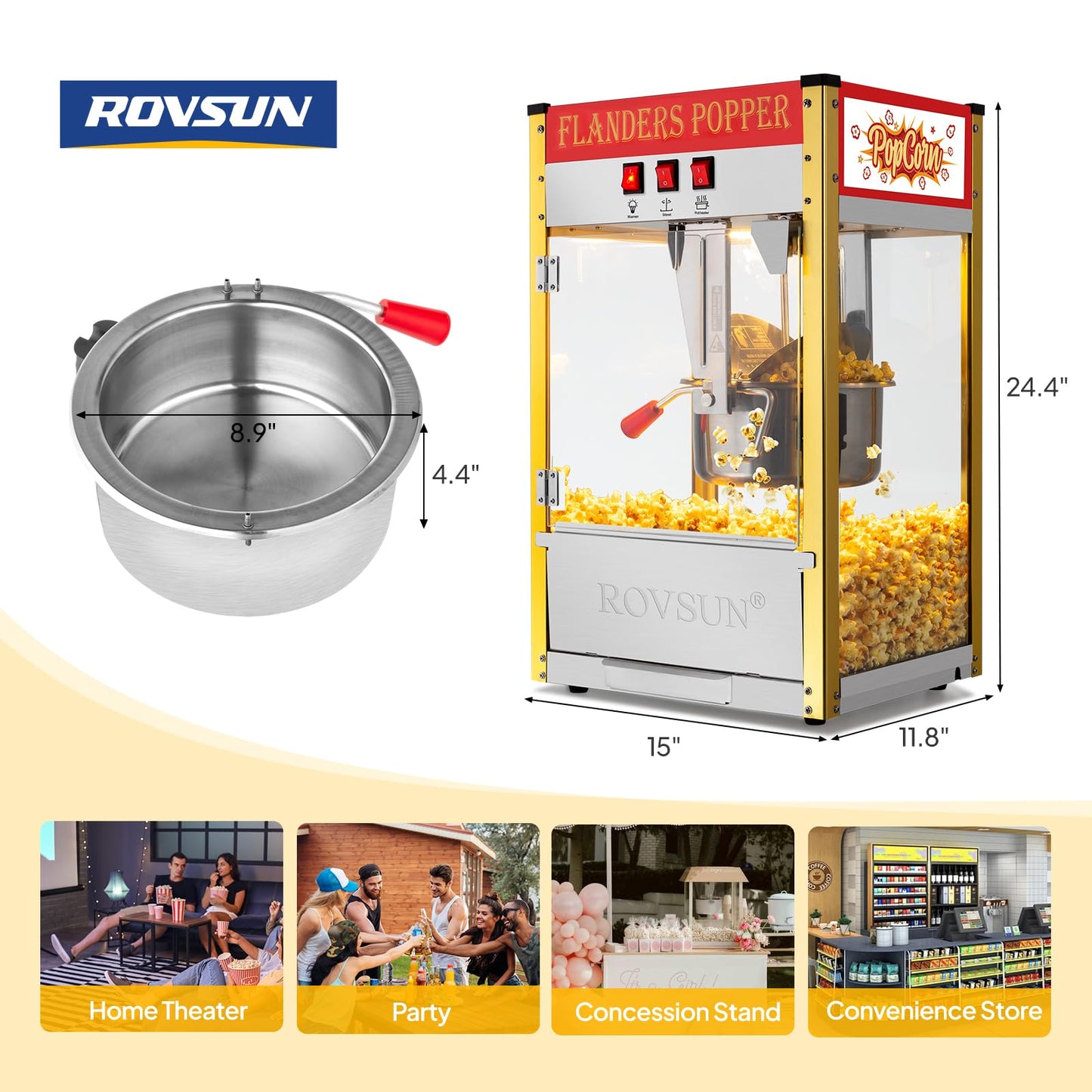 ROVSUN Popcorn Machine with 8 Ounce Kettle Makes Up to 32 Cups, Commercial Popcorn Machine Countertop Popcorn Maker w/Stainless Steel Scoop, Oil Spoon & 3 Popcorn Cups for Home Movie Theater, ETL