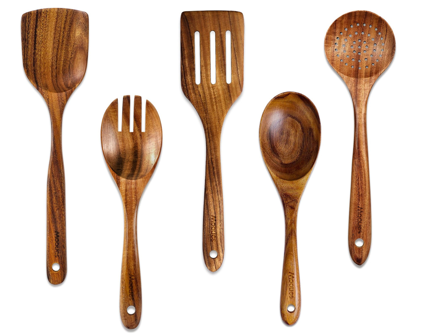 9 Piece Natural Teak Wooden Kitchen Utensil Set with Spoon Rest - Comfort Grip Cooking Spoons and Utensils Holder