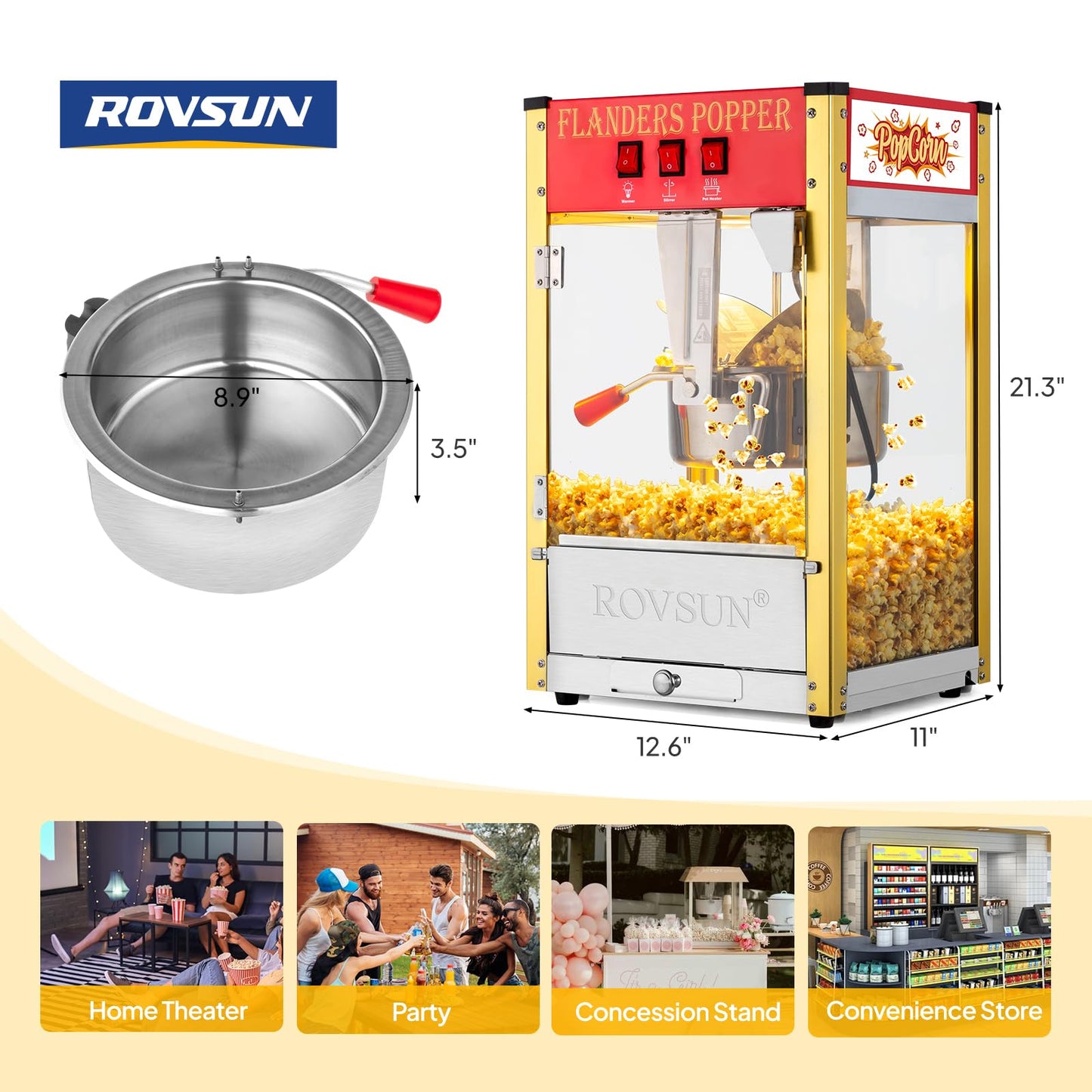 ROVSUN Popcorn Machine with 8 Ounce Kettle Makes Up to 32 Cups, Commercial Popcorn Machine Countertop Popcorn Maker w/Stainless Steel Scoop, Oil Spoon & 3 Popcorn Cups for Home Movie Theater, ETL