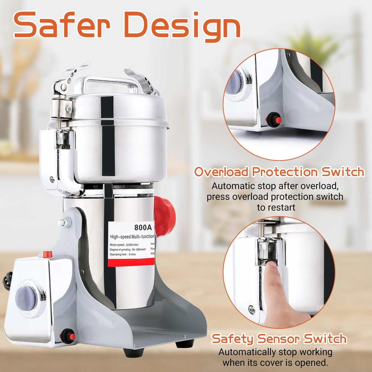 Electric Grain Mill Grinder 800g Stainless Steel Pulverizer 36000r/min High-speed Grain Mill 1800W Dry Material Grinding Machine 270° swingable Superfine powder for Home and Commercial