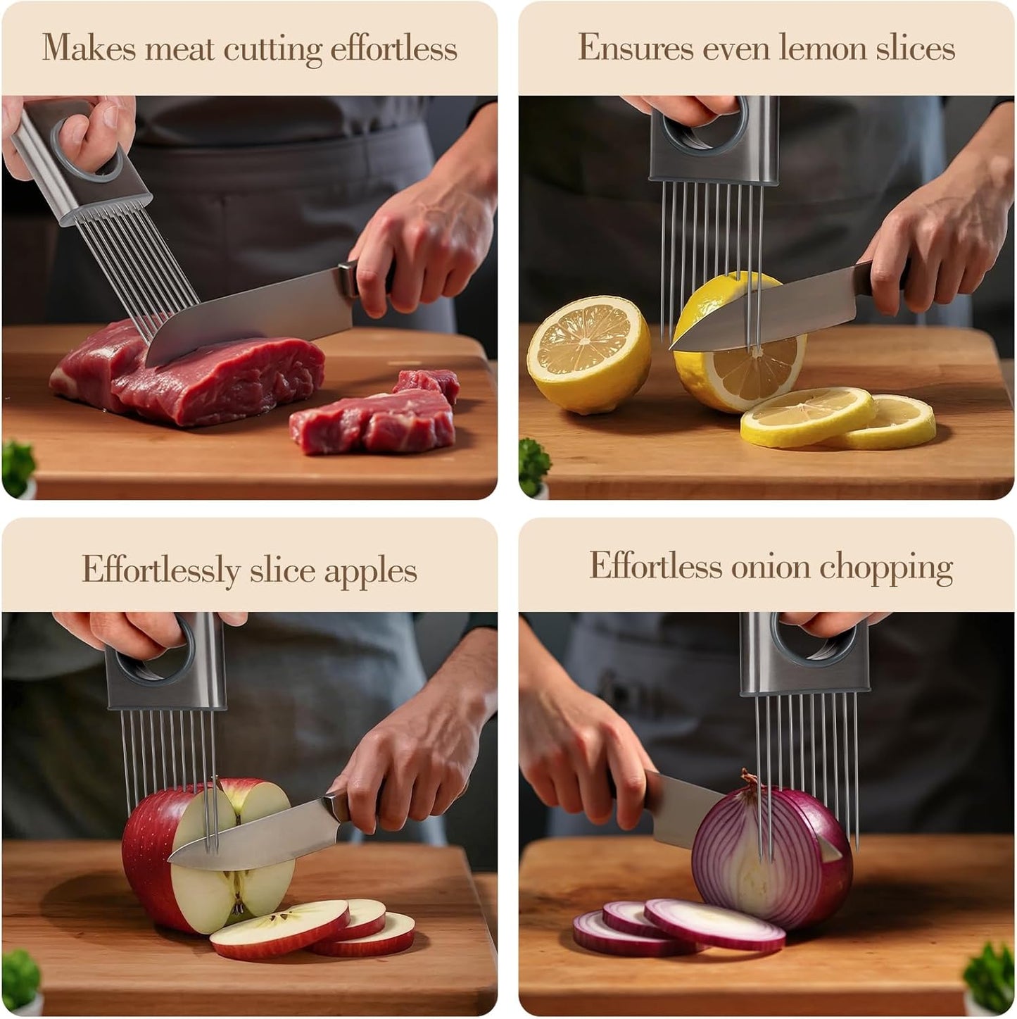 Cook Guy Stainless Steel Onion Holder and Slicer – Multi-Purpose Food Slicing Tool for Onions, Tomatoes, Avocados, Potatoes, Eggs, and More – Easy Grip with 10 Even Prongs