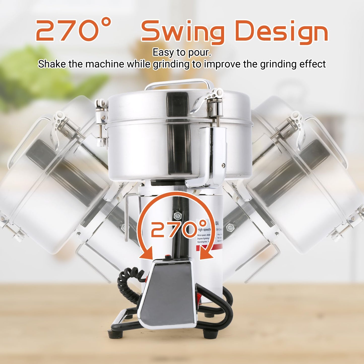 Electric Grain Mill Grinder 800g Stainless Steel Pulverizer 36000r/min High-speed Grain Mill 1800W Dry Material Grinding Machine 270° swingable Superfine powder for Home and Commercial