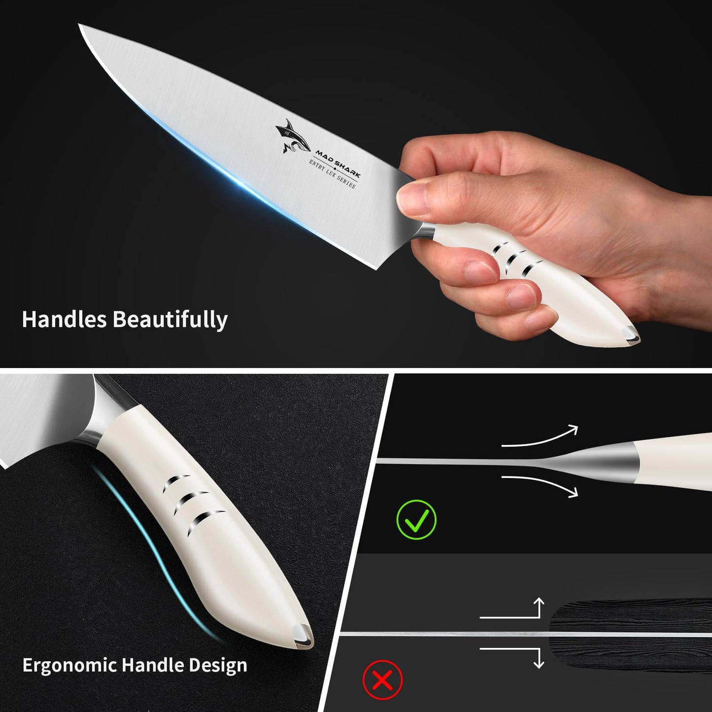 MAD SHARK Chef Knife 8 inch Chopping Knife High Carbon Stainless Steel Shark Chef's Knives with Ergonomic Handle, Cooking Knife with Gift Box, Birthday Gifts for Mom/Dad, Black