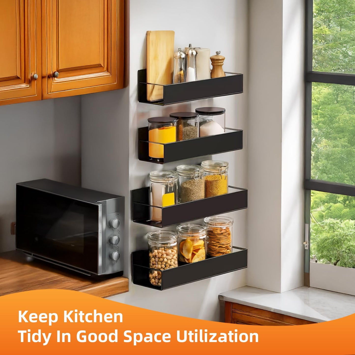 Kitchen Spice Rack for Wall: 2 Packs Black Adhesive Spice Racks Wall Mount - 11.8" Large Hanging Storage Organizer Cabinet Without Drilling for Work Room Bathroom Shelves