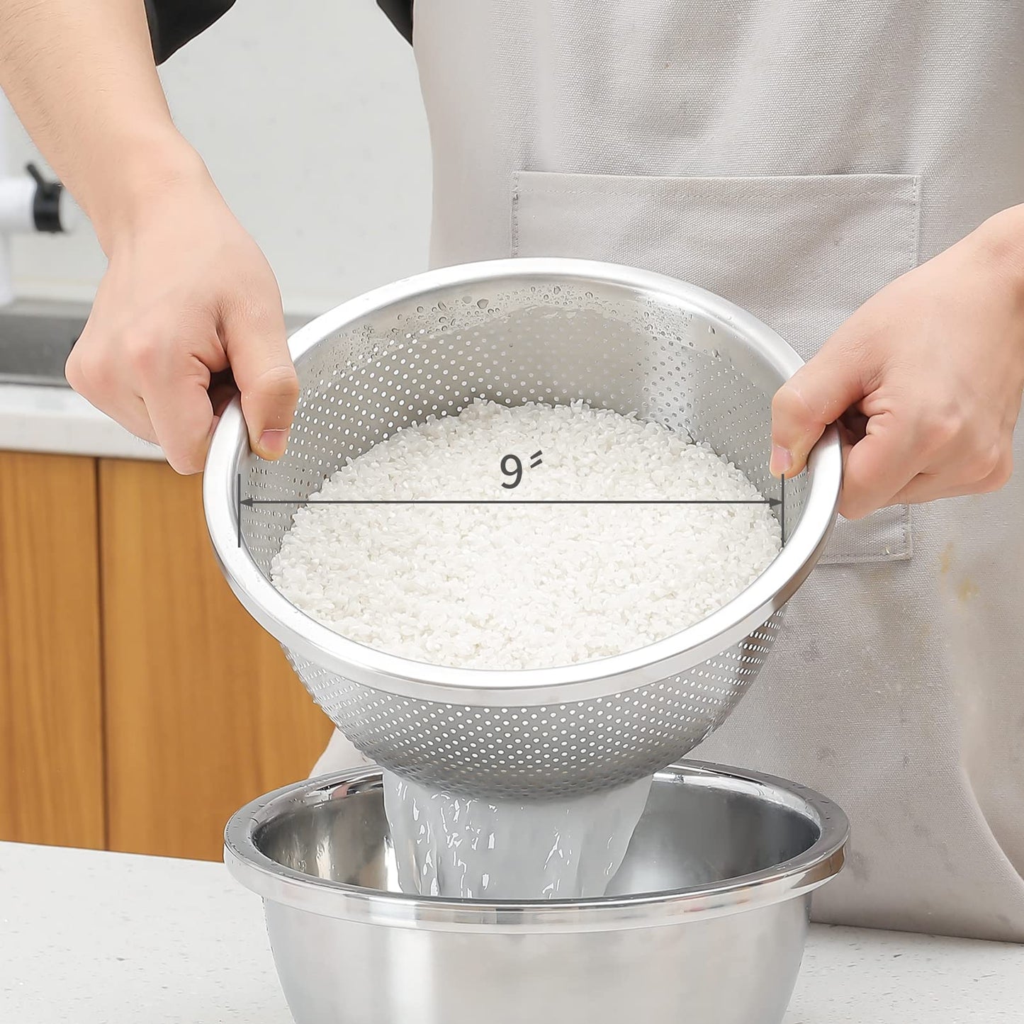 304 Stainless Steel Microporous Colander, 2.5QT Large Capacity with Mixing Bowl For washing vegetables, fruit and rice and for draining cooked pasta(2PC)