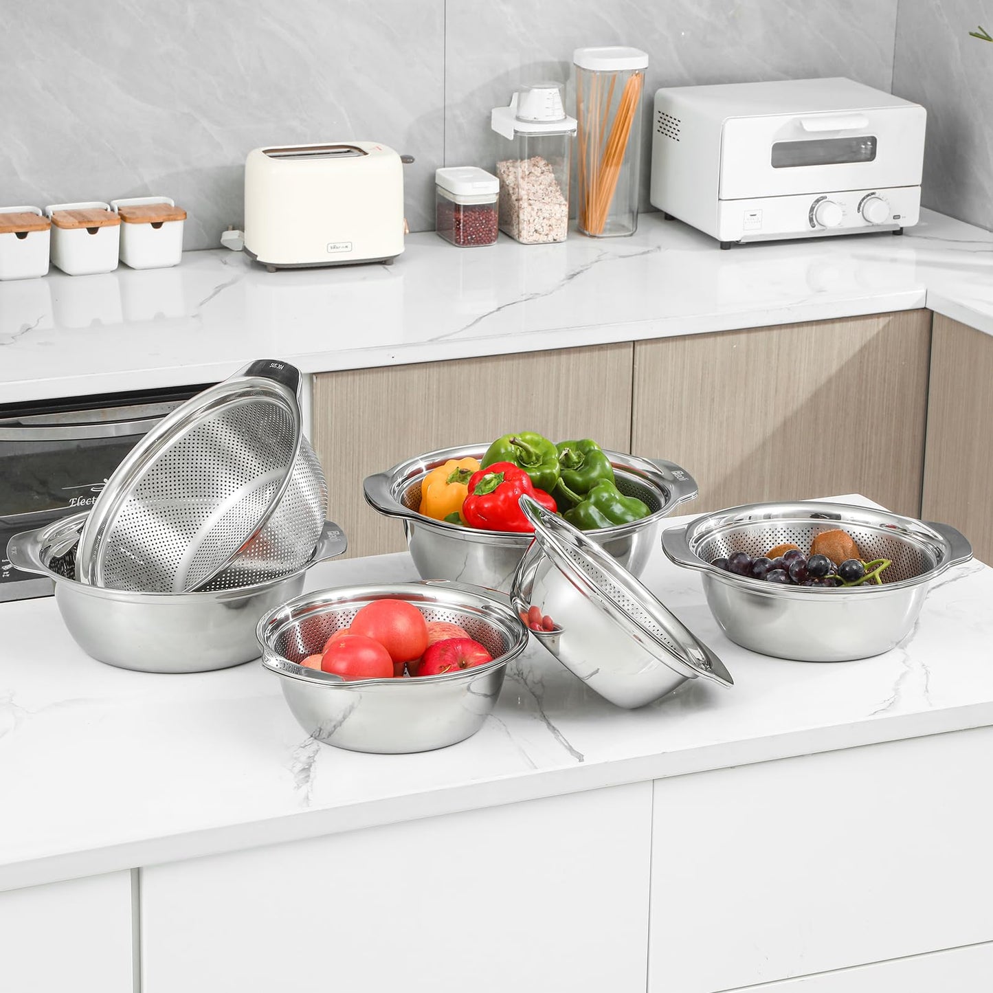 304 Stainless Steel Microporous Colander, 2.5QT Large Capacity with Mixing Bowl For washing vegetables, fruit and rice and for draining cooked pasta(2PC)