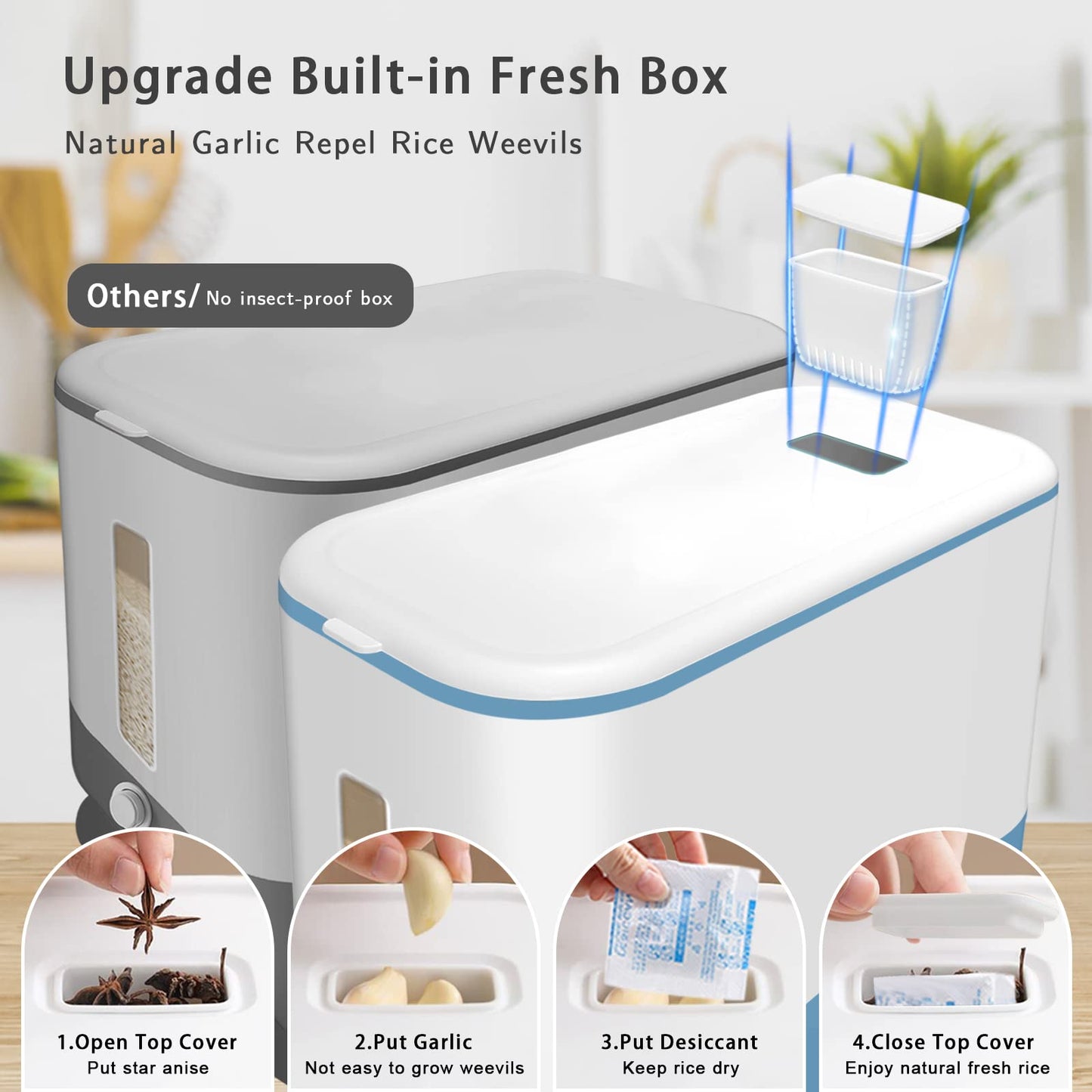 22-25 Lbs Rice Dispenser, Large Cereal Dry Food Storage Containers with Measuring Cup,BPA-Free Household for Kitchen Pantry Organization-Blue