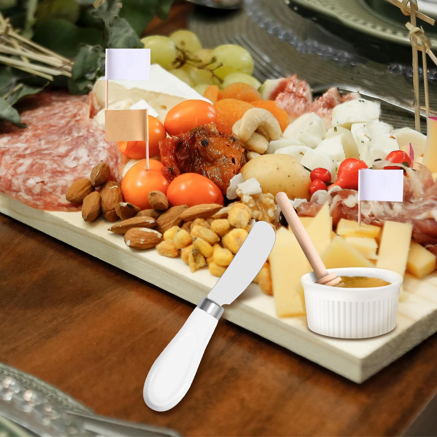 Charcuterie Boards Accessories(29 PCS) Cheese Spreaders for Charcuterie Board Mini Serving Spoon Fork Tongs Blank Toothpick Flags Bowl