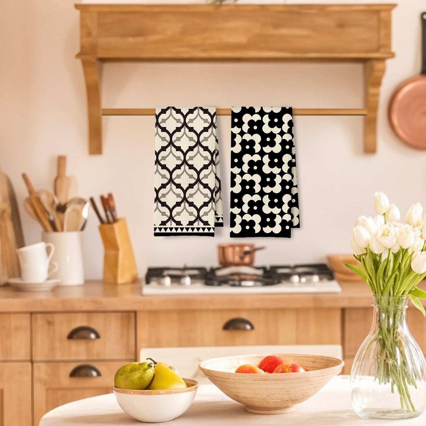 Beige and Black Moroccan Kitchen Towels, Boho Abstract Dish Tea Towels for Kitchen Decor, Retro Mid Century Modern Hand Towel for Bathroom Decor, 16x24 Inches