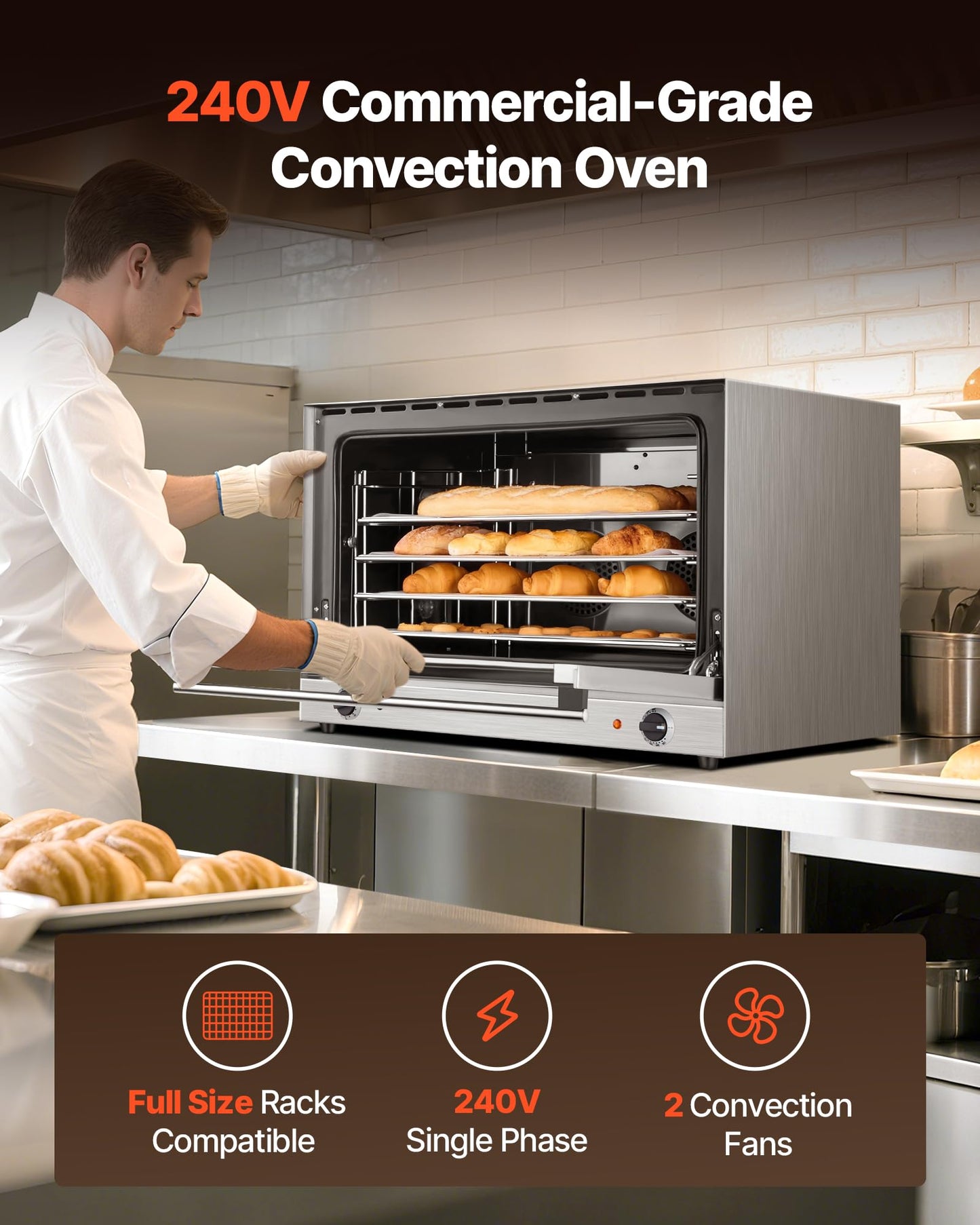 VEVOR Commercial Convection Oven, 21L/19Qt, Quarter-Size Conventional Oven Countertop, 1440W 3-Tier Toaster w/Front Glass Door, Electric Baking Oven w/Trays Wire Racks Clip Gloves, 120V