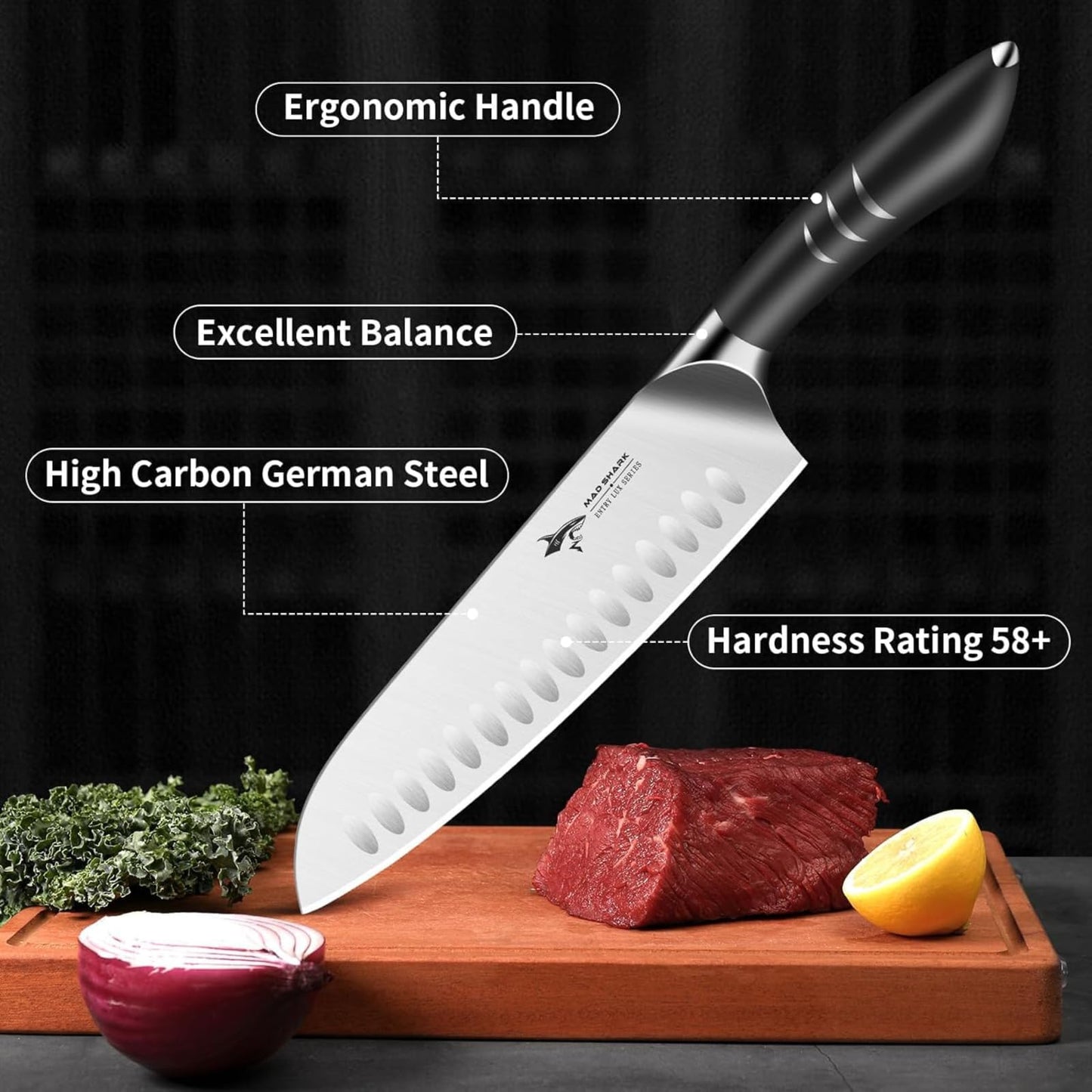 MAD SHARK 8 Inch Santoku Knife - Ultra Sharp Japanese Kitchen Knife, High Carbon German Steel, Ergonomic Handle - Ideal for Slicing, Dicing & Chopping - Unique Gift for Chefs, Men & Women (White)